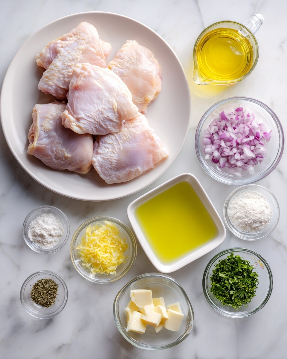 The image shows a white plate on the left side with five raw chicken pieces arranged flat, pale pink in color. Around the plate, there are small clear glass bowls and one square white dish, each holding different ingredients: finely chopped shallots with a soft purple shade, pale yellow lemon zest, pale yellow lemon juice, bright yellow butter cubes, bright yellow lemon slices in the square dish, finely chopped green herbs, white flour, a small sprinkle of white salt, ground black pepper, a small amount of golden olive oil, light greenish-yellow broth in a glass measuring cup, and a small amount of white liquid cream. All of this is placed on a white marbled surface. Photo taken with an iphone --ar 4:5 --v 7