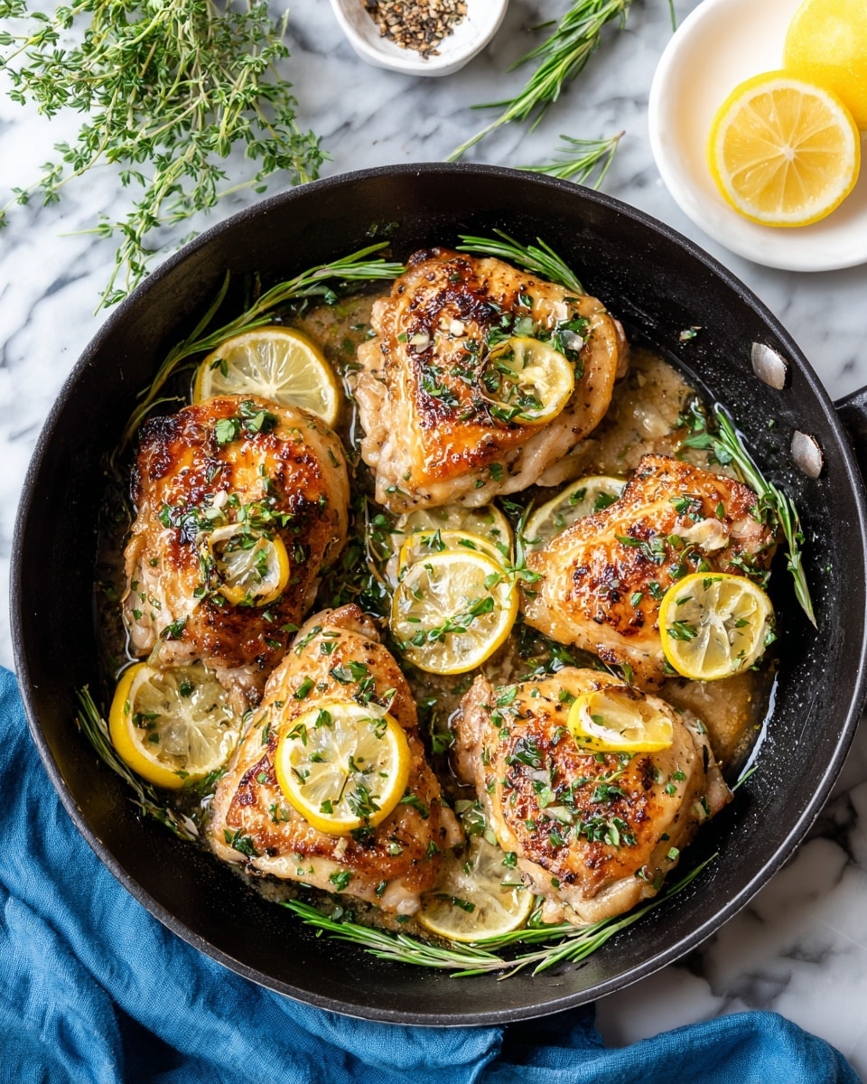 The image shows a black skillet filled with five golden brown cooked chicken pieces, each topped with fresh green herbs and thin yellow lemon slices scattered over and under the chicken. The chicken has a slightly crispy texture with a light glaze. The skillet sits on a white marbled surface, with a blue cloth partially visible on the bottom left side. Around the skillet, green herbs and a white bowl with spices are present on the marbled surface, along with a white plate holding a lemon wedge on the top right. The overall presentation looks fresh and savory. photo taken with an iphone --ar 4:5 --v 7