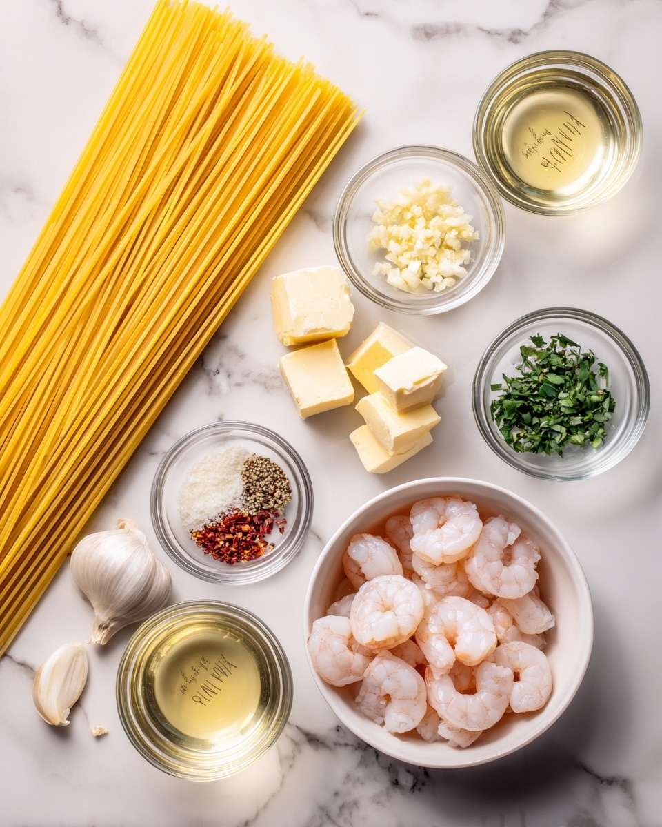 The image shows various ingredients neatly placed on a white marbled surface. On the left side, a bundle of uncooked yellow spaghetti lies horizontally. Next to it, small clear bowls hold cubed butter, cubed cheese, olive oil, minced shallots, garlic, red chili flakes, chopped green herbs, salt and pepper mix. On the right side, a white bowl contains peeled raw shrimp with a pale pink color. In the lower section, there are two glass containers with light yellow and clear liquid, likely broth and white wine. The arrangement is clean and organized, ready for cooking photo taken with an iphone --ar 4:5 --v 7