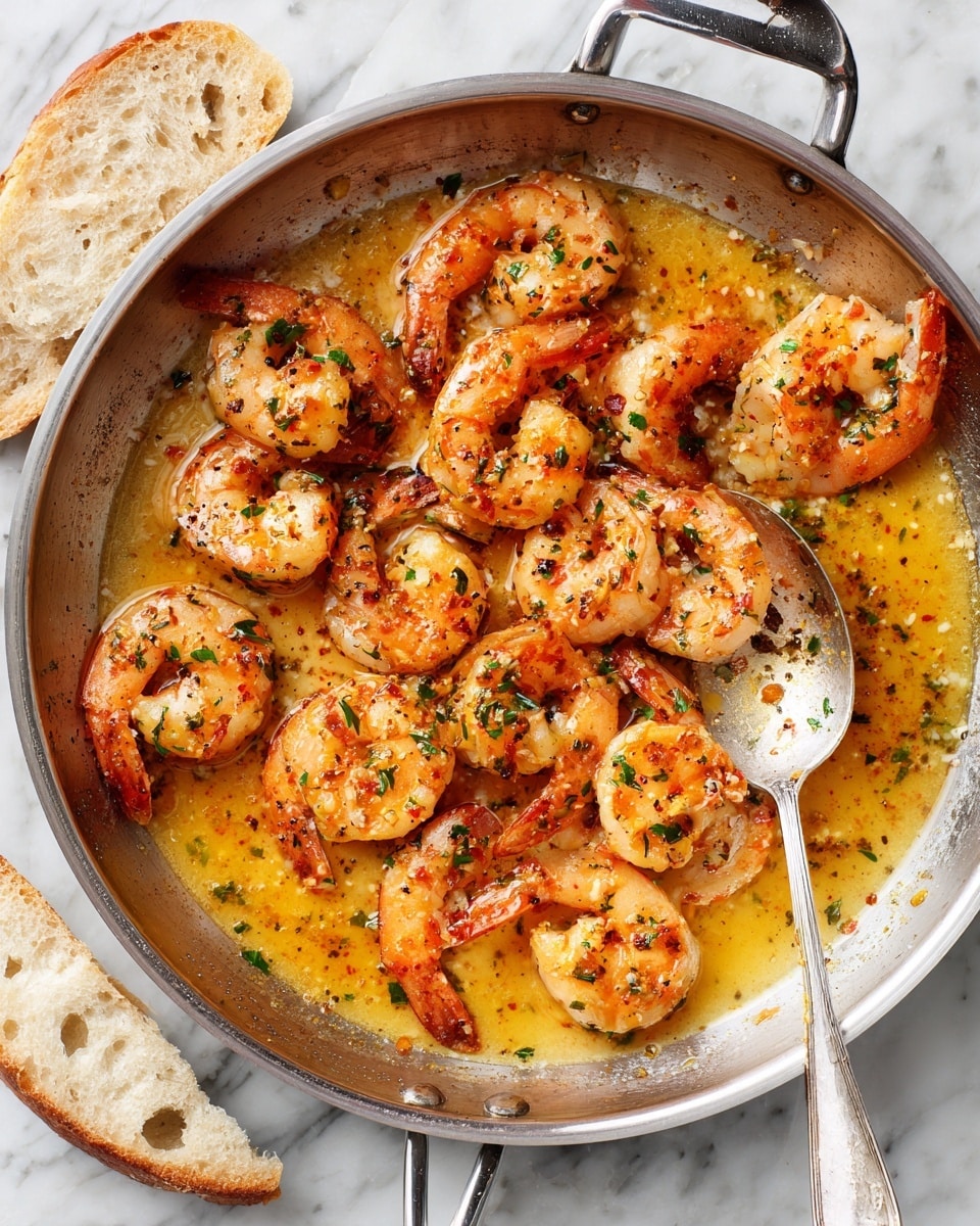 A shiny pan filled with several cooked shrimp that are orange-pink in color and slightly curled, sitting in a light yellow sauce with small bits of herbs and spices sprinkled on top. The shrimp have a slightly crispy look in some places and are spread closely together in one layer. A silver spoon with one shrimp rests inside the pan on the right side. The pan handles are visible and resting on a white marbled surface, with two pieces of torn light brown bread nearby. Photo taken with an iphone --ar 4:5 --v 7