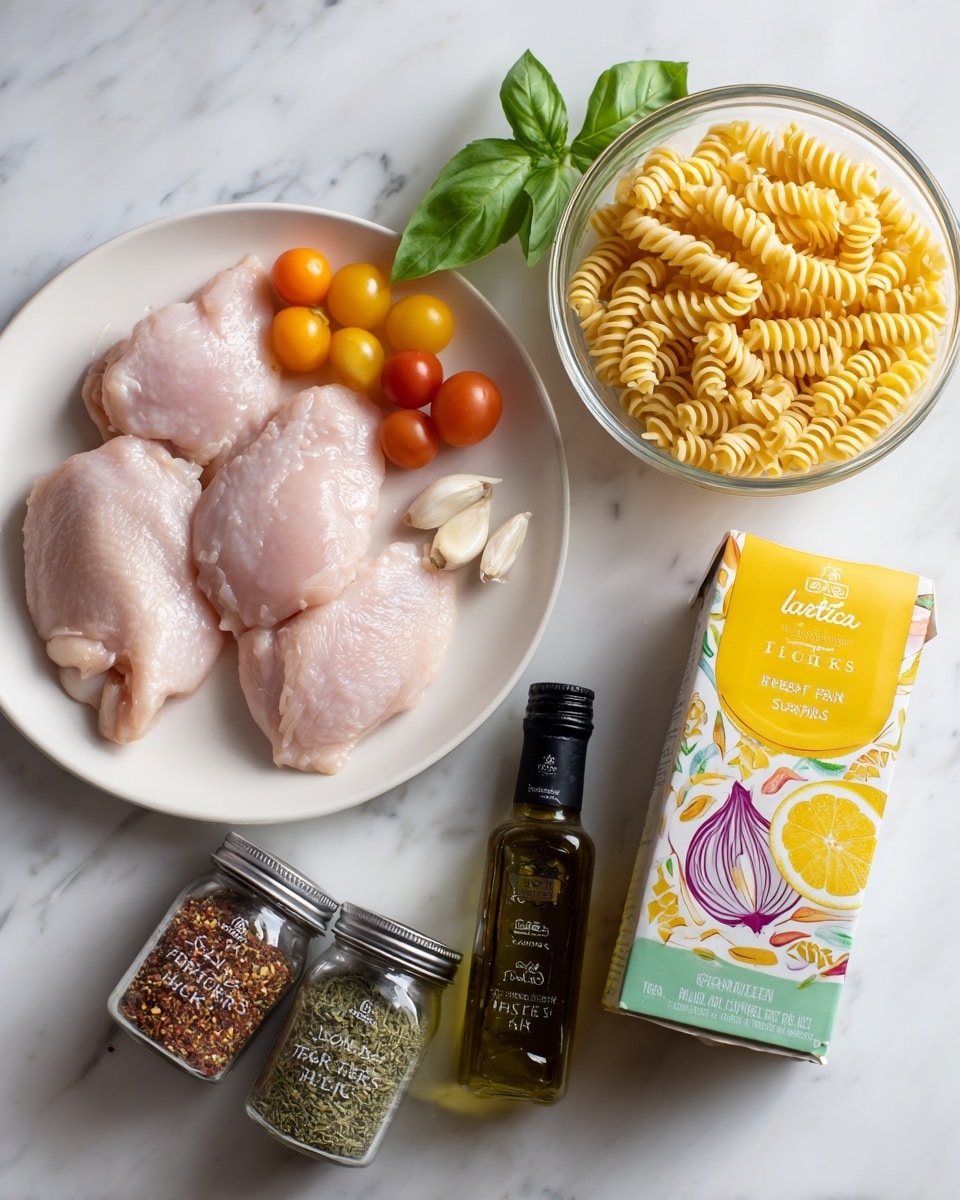 The image shows a white plate with three raw pale pink chicken pieces placed side by side on the left, accompanied by small round orange and green cherry tomatoes near the bottom of the plate, and a small round white piece of garlic. To the right of the plate, a clear glass bowl holds yellow cooked spiral pasta. Below the plate and bowl are three clear spice jars; the left one labeled