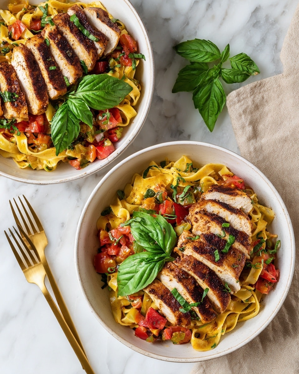 The image shows two white bowls filled with a colorful pasta dish on a white marbled surface. Each bowl has a base layer of yellowish fettuccine pasta mixed with small diced red tomatoes and chopped green herbs. On top of the pasta, there are slices of grilled chicken with a browned, slightly crispy outside. The chicken slices are arranged in the center of the bowl. Bright green basil leaves are placed on top of the chicken as garnish. Around the bowls, two gold forks are placed to the left side, and a beige cloth napkin is partially visible under the top bowl. The colors are fresh, vibrant, and the food looks inviting. Photo taken with an iphone --ar 4:5 --v 7