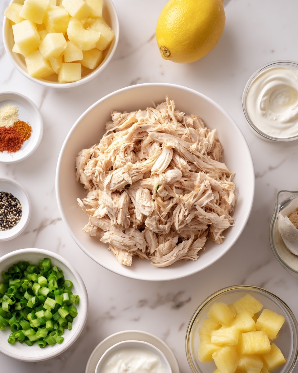 The image shows a white bowl full of shredded light brown chicken pieces placed in the center on a white marbled surface. Around the bowl, there are multiple small white dishes and a clear glass bowl with different ingredients. Starting from the top left, there is a small white bowl filled with pale yellow chunks, a whole yellow lemon behind it, and a clear glass measuring cup with white mayonnaise near the top. To the right, there are two white dishes, one containing white sour cream and another with small black seeds. At the bottom center, there is a clear glass bowl with yellow pineapple chunks. Surrounding this, from left to right, are small amounts of spices in a divided white dish, a small white bowl with minced garlic, and a clear glass bowl filled with freshly chopped green onions. At the bottom left, there is another small white bowl with chopped green celery. The scene is softly lit, the background is a white marbled texture, and the whole setup looks neat and colorful. photo taken with an iphone --ar 4:5 --v 7