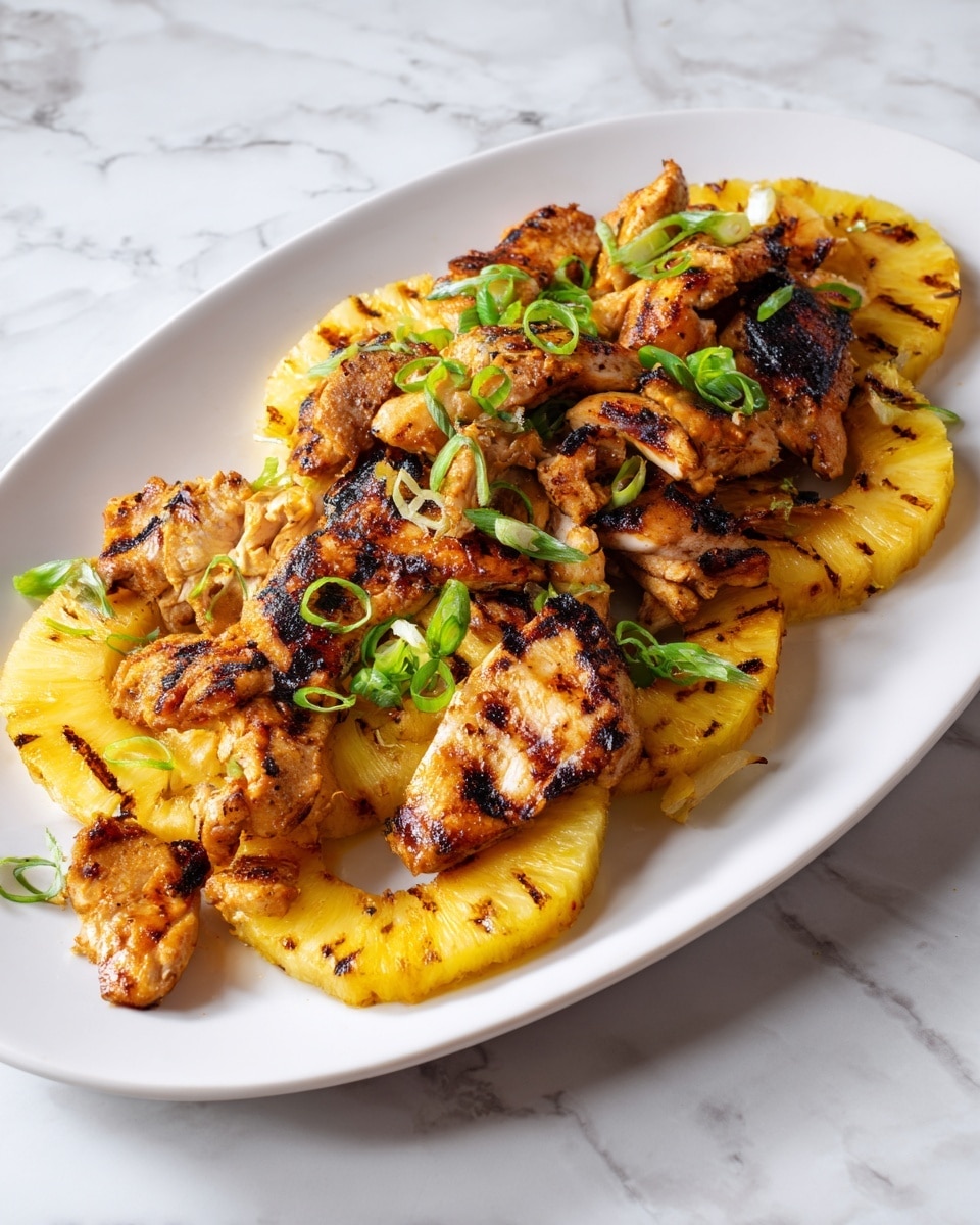The image shows a white oval plate with a base layer of grilled pineapple slices, yellow with some brown grill marks. On top of the pineapple, there are several pieces of grilled chicken, golden brown with darker char marks, arranged loosely and slightly overlapping. Scattered over the chicken pieces are small green onion slices adding a fresh green touch. The plate is set on a white marbled surface. photo taken with an iphone --ar 4:5 --v 7