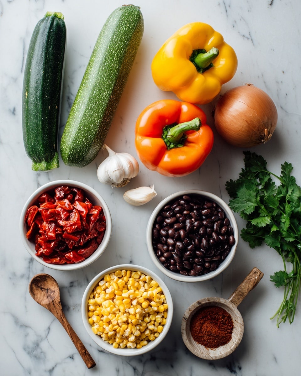The image shows fresh and cooked ingredients neatly arranged on a white marbled surface. At the top are four whole vegetables: a green zucchini on the left, a yellow squash next to it, an orange bell pepper in the middle, and a brown onion on the right. Below them, three small white bowls are filled with cooked beans—light brown beans on the right and black beans below them. To the left, a bowl with bright red diced tomatoes sits next to another bowl containing dark red roasted peppers. There is a whole garlic bulb placed between the vegetables and bowls. At the bottom center, a small white bowl is filled with yellow corn kernels, and another white bowl on the right contains a reddish-brown spice mix with a wooden spoon resting inside. A small bunch of green cilantro leaves lies near the onion on the right. photo taken with an iphone --ar 4:5 --v 7