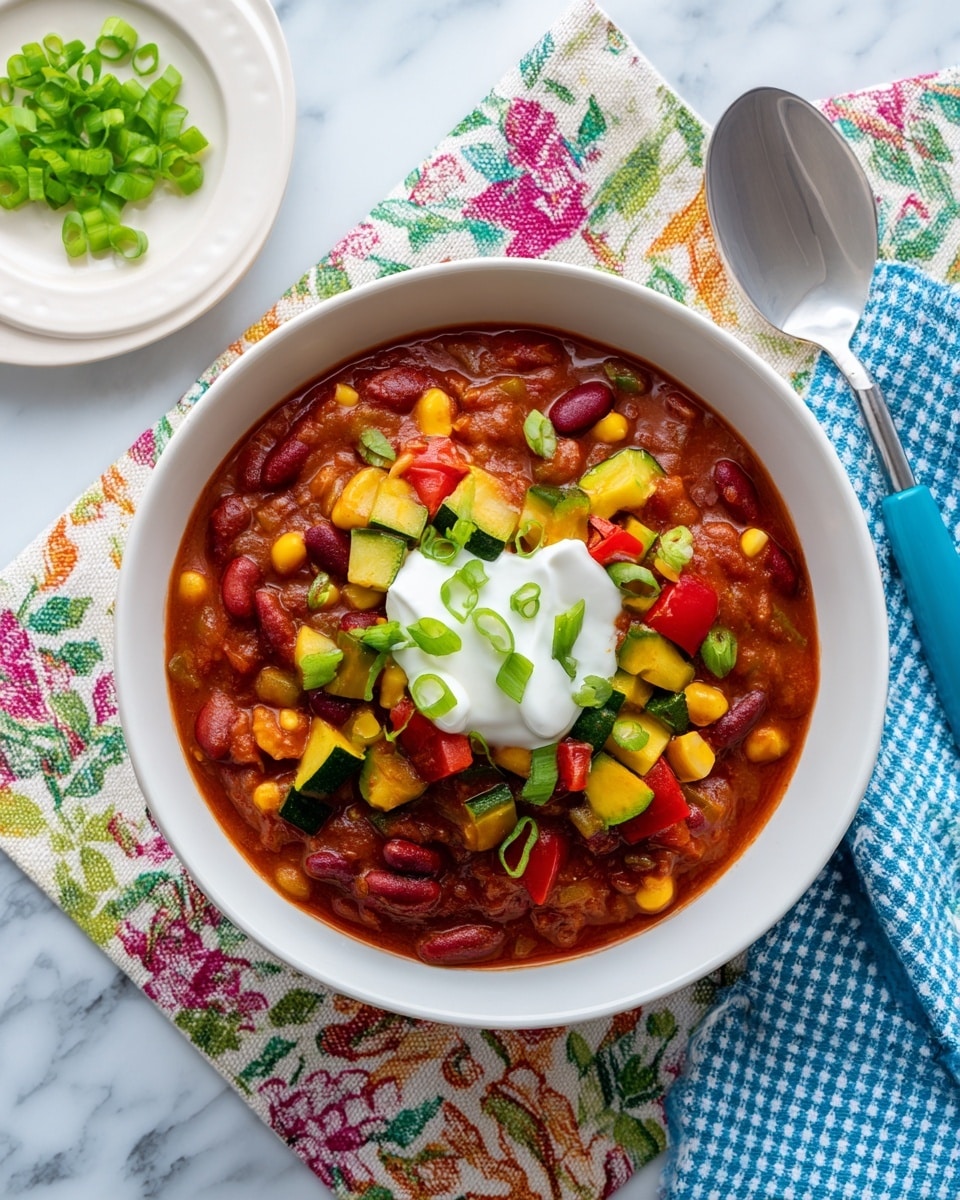 A bowl of vegetable chili with three layers of ingredients is shown. The bottom layer is a thick tomato-based stew with red kidney beans, corn, and light brown beans, all in a deep red sauce. The middle layer has chopped yellow and green zucchini, and red tomato chunks scattered on top. The top layer has a dollop of white sour cream or yogurt placed near the center, garnished with thinly sliced green onions spread around. The bowl is white, set on a white marbled surface with a colorful woven cloth underneath. A small white plate with more green onions is to the left, and a spoon with a blue handle lies on a blue and white checkered napkin to the right. Photo taken with an iphone --ar 4:5 --v 7