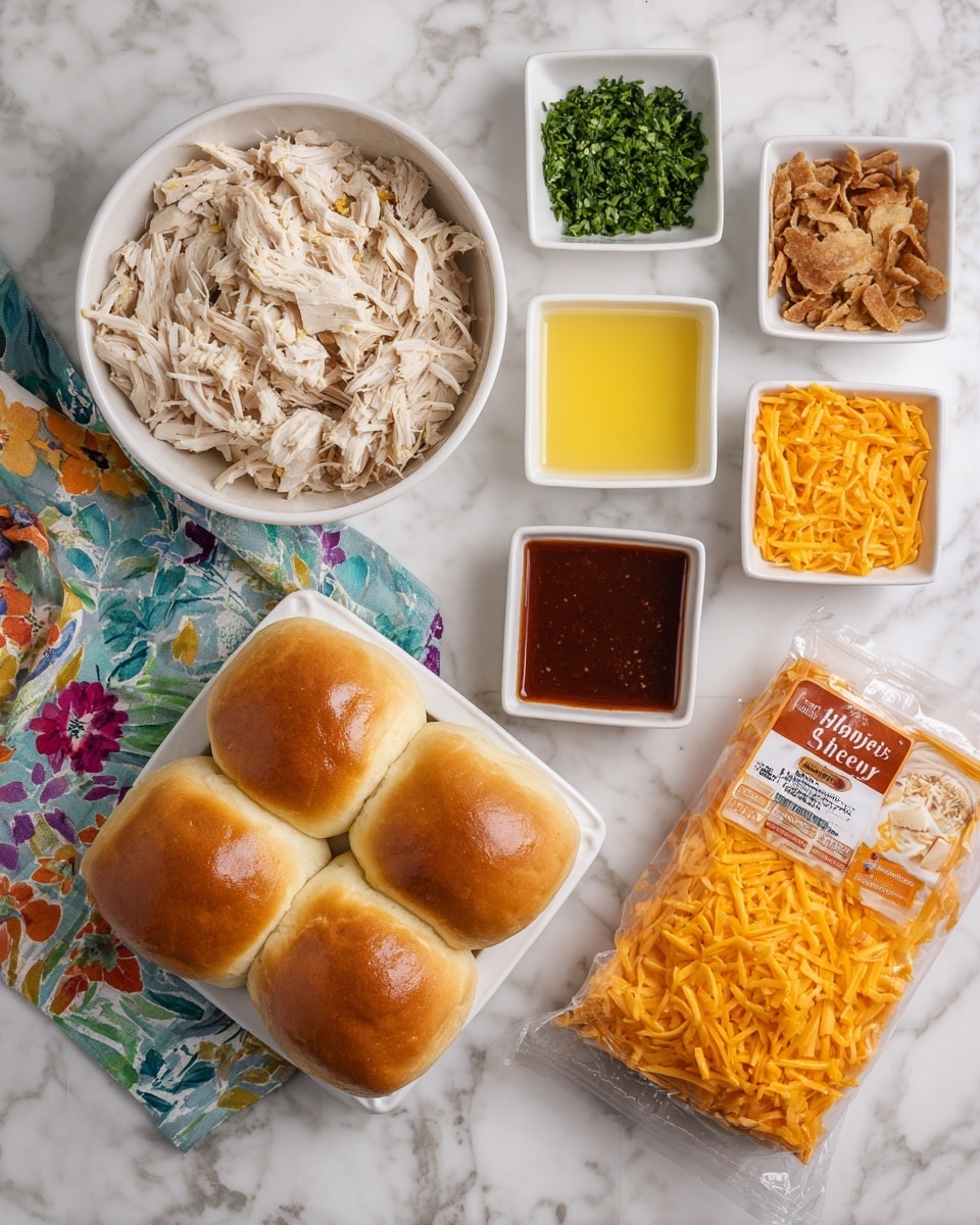 The image shows an overhead view of several bowls and a package with ingredients arranged on a white marbled surface. On the left, a white bowl filled with shredded cooked chicken sits beside a colorful floral cloth. To the right, a white bowl holds shredded bright orange cheese. Between them, four small white square dishes contain different items: a light yellow melted butter liquid, a dark reddish-brown sauce, chopped green herbs, and crispy brown fried onions. Next to these bowls is a plastic package of King's Hawaiian soft dinner rolls in orange and clear packaging. The colors range from neutral light browns to bright orange and green, all set against the clean white marbled background photo taken with an iphone --ar 4:5 --v 7