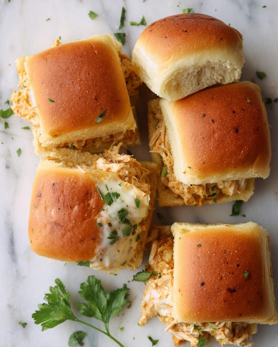 A group of four soft, golden brown slider buns form a square, with one slider pulled slightly apart showing a layer of melted cheese and shredded chicken mixed with a sauce between the top and bottom buns. The buns have a smooth, slightly shiny top with some small specks of seasoning or herbs. The sliders sit on a white marbled surface with a small green parsley leaf near them. The cheese and chicken filling is creamy and slightly oozing out from the buns' edges, giving a textured look. The whole scene looks bright and fresh. photo taken with an iphone --ar 4:5 --v 7
