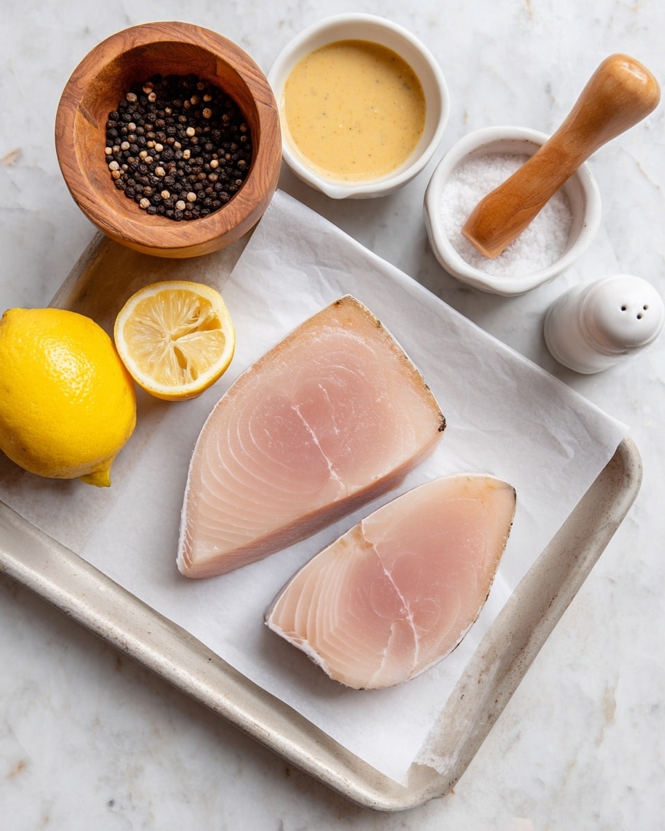 Two slices of raw swordfish, pale pink with light brown edges, are placed side by side on a white parchment-lined baking tray. Two bright yellow lemons sit on the top left corner of the tray. Above the tray, a wooden mortar contains black peppercorns and a light yellow paste. Next to the mortar is a wooden pestle, a small white dish with a light tan sauce, and a white salt grinder. The background is a white marbled surface. Photo taken with an iphone --ar 4:5 --v 7