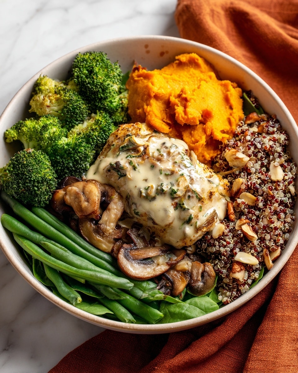 A white bowl on a white marbled surface holds a colorful, layered dish. The base layer is fresh green spinach leaves covering the bottom. On the left side, there are bright green steamed broccoli pieces topped with light creamy mushrooms. Below the broccoli, there is a layer of cooked green beans with a soft texture. On the right side of the bowl, there is a fluffy mix of cooked quinoa, in light beige and reddish tones, with bits of nuts sprinkled on top. In the center rests a thick grilled piece of fish covered with a creamy sauce with visible herbs and small slices of orange vegetables. Behind the fish is a serving of sweet mashed orange sweet potatoes. The bowl is placed on a burnt orange cloth. photo taken with an iphone --ar 4:5 --v 7
