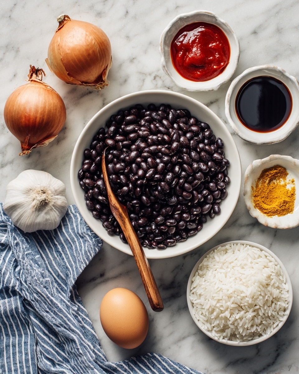 A white bowl filled with dark black beans, with a wooden spoon resting inside. Around the bowl are small white bowls holding a swirl of black pepper, dark soy sauce, and red tomato sauce. There is a small white dish with yellow powder, a whole brown onion, a whole garlic bulb, a brown egg, and a bowl filled with raw white rice. Everything is placed on a white marbled surface with a blue and white striped cloth near the rice bowl. photo taken with an iphone --ar 4:5 --v 7