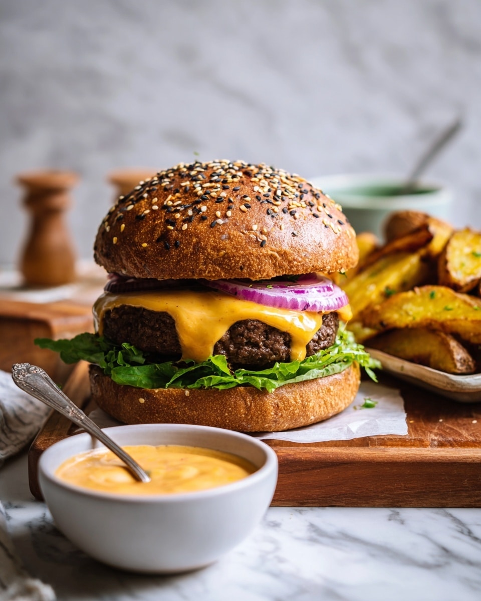 A tall burger with a sesame-seeded whole grain bun on top, dripping with creamy orange sauce. Below the top bun are thin slices of purple onion, two thick dark brown patties stacked, fresh bright green lettuce underneath, and the bottom bun is also whole grain. On the side, there are golden brown potato wedges arranged on a wooden board. In the foreground, a white bowl with some creamy orange sauce and a silver spoon inside sits on a white marbled surface. Photo taken with an iphone --ar 4:5 --v 7