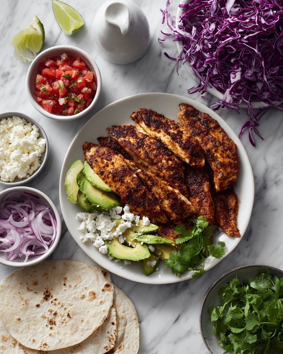 The image shows a white plate on a white marbled surface, holding six pieces of cooked, seasoned chicken fillets arranged in a slightly overlapping way. Around the plate, there are small white bowls filled with different toppings: one with diced red tomatoes, one with crumbled white cheese, one with sliced purple onions, and one with sliced avocado. There is a small pile of fresh green cilantro next to a stack of white corn tortillas. A white squeeze bottle for sauce is placed near lime wedges on the white marbled surface. In the upper part of the image, there is a large pile of shredded purple cabbage. Photo taken with an iphone --ar 4:5 --v 7