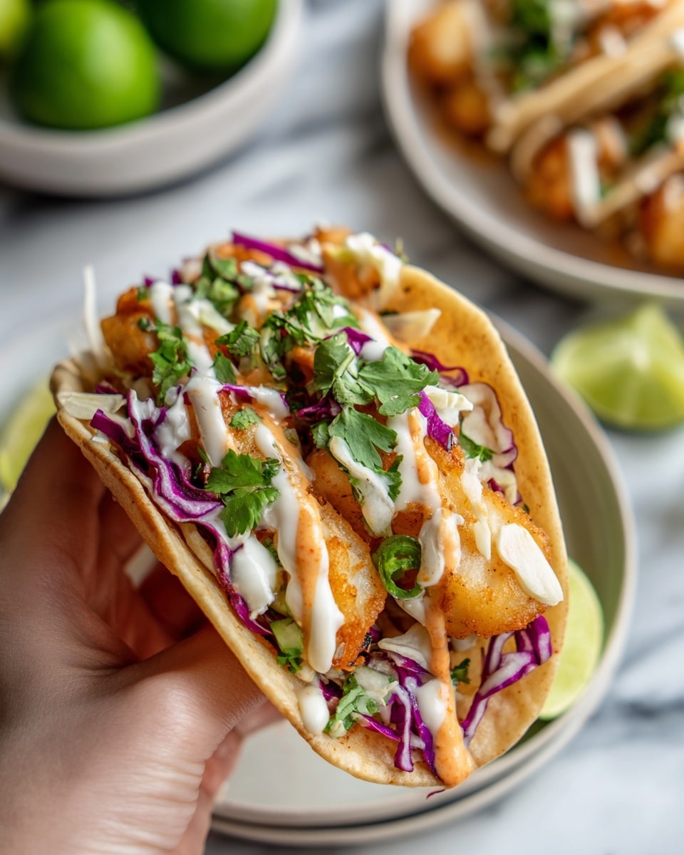 A woman's hand holds a soft, warm tortilla filled with several layers: the base is crispy golden fish pieces, topped with creamy white sauce drizzles, fresh chopped white onions, shredded purple and white cabbage, bright green cilantro leaves, and a light orange sauce adding extra flavor and texture. The background shows a white marbled texture and blurred elements including a white plate with more golden fish pieces and a bowl of green limes. The close-up shot highlights the fresh and colorful ingredients in the taco. photo taken with an iphone --ar 4:5 --v 7
