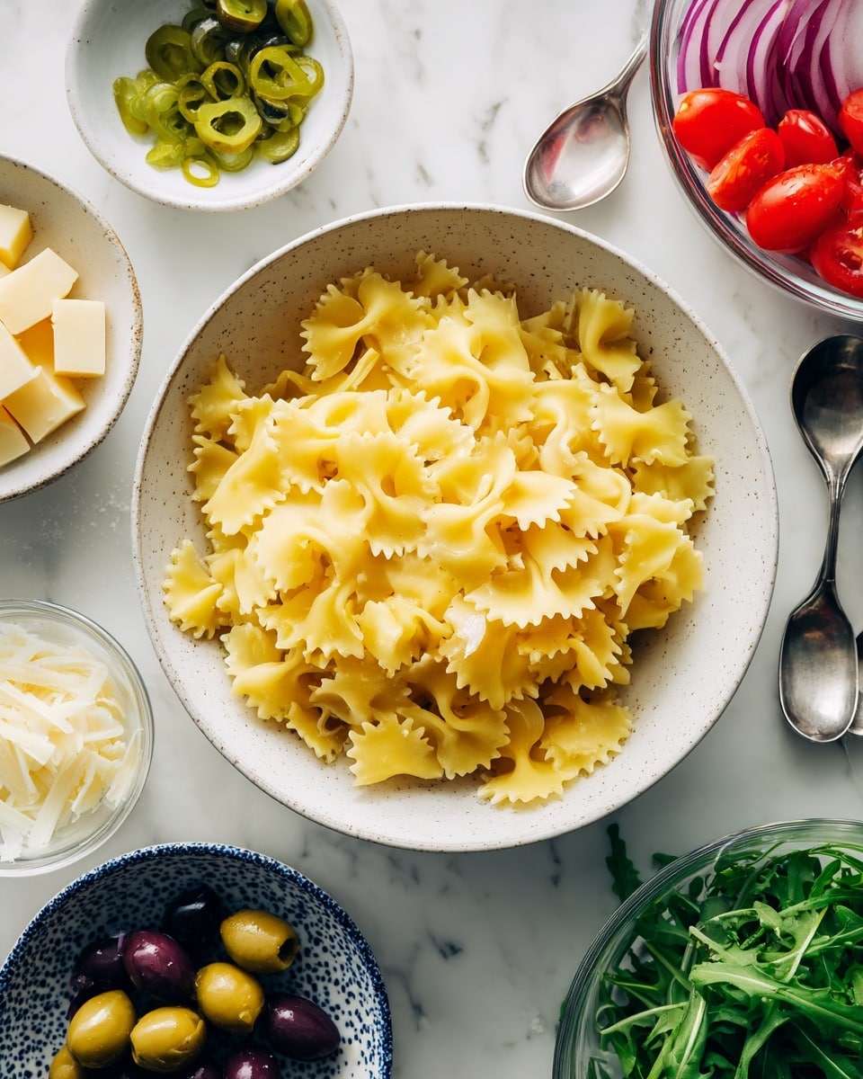 A white speckled bowl filled with yellow pasta that has wavy edges. Surrounding the bowl on a white marbled surface are small white bowls and clear glass bowls containing different ingredients: cubed pale yellow cheese, bright green sliced pickled peppers, thin red onion slices, mixed green and black olives, halved red cherry tomatoes in a white bowl with dark blue speckles, a little white bowl with thin pale cheese shavings, and a bowl with fresh green arugula leaves. Two silver spoons rest on the surface near the bowls. The setting is bright and well-lit, showing the vibrant colors and textures clearly. Photo taken with an iphone --ar 4:5 --v 7