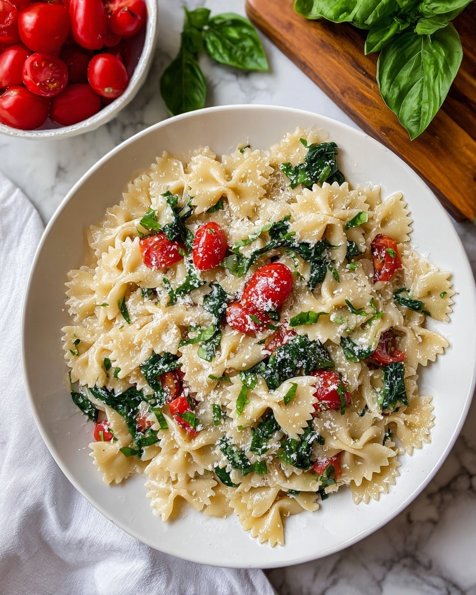 The image shows a white plate with one layer of cooked farfalle pasta mixed with chopped green spinach leaves and small pieces of red cherry tomatoes spread evenly on top. There is a light sprinkle of grated white cheese on the pasta and vegetables. On the side, a white bowl filled with red cherry tomatoes is partially visible, sitting on a white cloth. Fresh green basil leaves rest near the top right corner on a wooden surface. All elements are placed on a white marbled background. Photo taken with an iphone --ar 4:5 --v 7