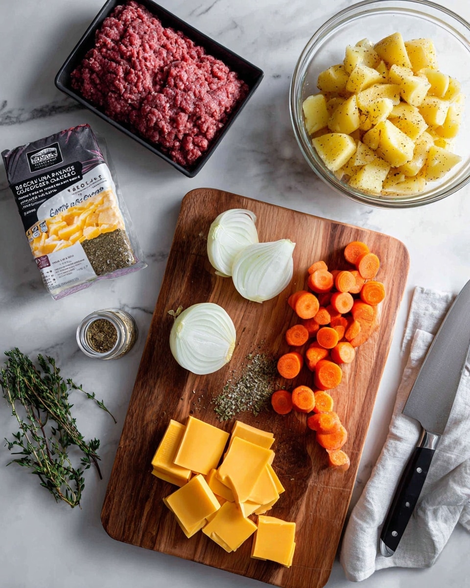 The image shows a wooden cutting board on a white marbled surface with several food items arranged neatly. Ground beef in a black tray is placed at the top left corner. Below it, there is an open packet of onion soup mix and a small jar of dried rosemary garlic and parsley seasoning. Two halves of a white onion are on the cutting board close to a sharp knife with a black handle. Baby carrots are piled in the center of the cutting board. Several slices of yellow and orange cheese are placed near the bottom edge, some still wrapped partially. To the right side of the cutting board, there is a clear glass mixing bowl and a white bowl filled with chopped cooked yellow potatoes with skin on the pieces. The whole scene is set on a white marbled surface. photo taken with an iphone --ar 4:5 --v 7