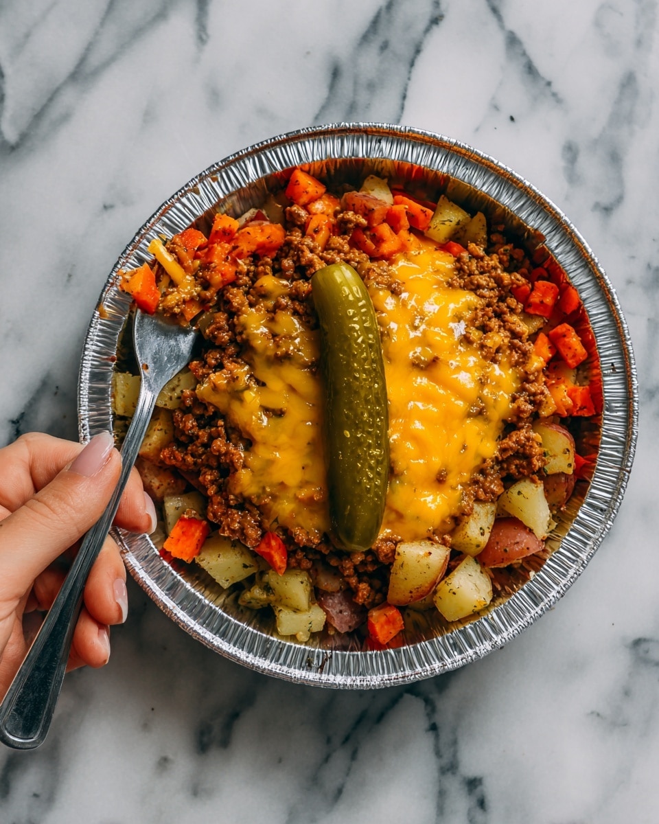 The image shows a foil bowl filled with a mix of small cut red potatoes and carrot pieces at the bottom, with a layer of melted bright yellow cheddar cheese over a ground meat patty in the center, topped off with a long green pickle spear resting on top. A silver fork is stuck into the food on the left side, with a woman's hand holding the fork. The foil bowl sits on a white marbled surface. Photo taken with an iphone --ar 4:5 --v 7