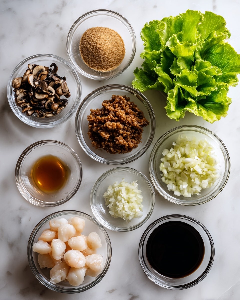 The image shows nine small clear glass bowls and one white bowl arranged on a white marbled surface. The clear bowls contain different ingredients: one has brown sugar with a soft, crumbly texture placed near fresh green lettuce leaves on the upper right; another bowl in the center holds cooked brown minced meat with a moist texture; a bowl near the bottom center is filled with finely chopped pale yellow onion pieces; a smaller bowl near the onion contains finely minced garlic with a smooth texture; another small bowl has tiny pale pink scallop pieces; one holds a dark brown liquid sauce; others contain clear liquids and finely chopped mushrooms in the white bowl on the top left. The ingredients are spaced neatly with no container overlapping another photo taken with an iphone --ar 4:5 --v 7