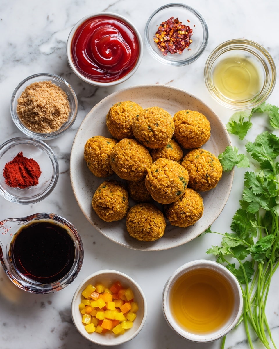 The image shows multiple small white bowls and a white plate arranged on a white marbled surface. The white plate holds a pile of round, golden-brown baked balls with a rough texture. Around the plate are small white bowls filled with different ingredients: one bowl contains light brown crushed crumbs, another has bright red ketchup swirled on top, and another has bright yellow diced pieces. There are also small glass bowls with fine powders and red chili flakes, a measuring cup with clear liquid, a small cup with dark soy sauce, and a medium glass bowl with a light yellow liquid. Fresh green cilantro leaves are placed on the right side at the bottom. The scene is brightly lit and crisp. Photo taken with an iphone --ar 4:5 --v 7