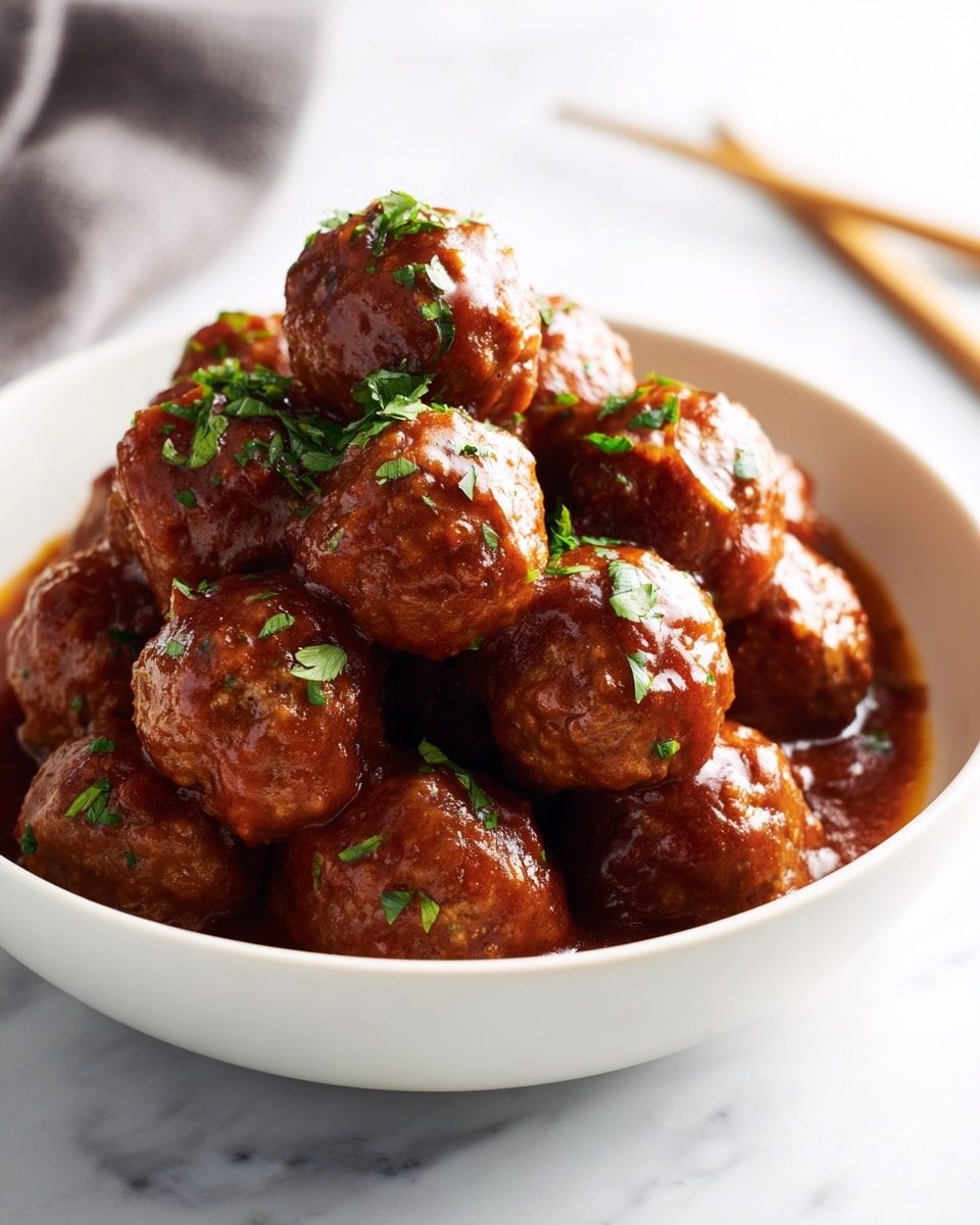 A white bowl filled with a pile of round meatballs covered in a thick brown sauce, with small pieces of green herbs sprinkled on top. The meatballs have a smooth, shiny texture from the sauce and are stacked in layers inside the bowl. The scene is set on a white marbled surface with a pair of chopsticks visible in the background. photo taken with an iphone --ar 4:5 --v 7