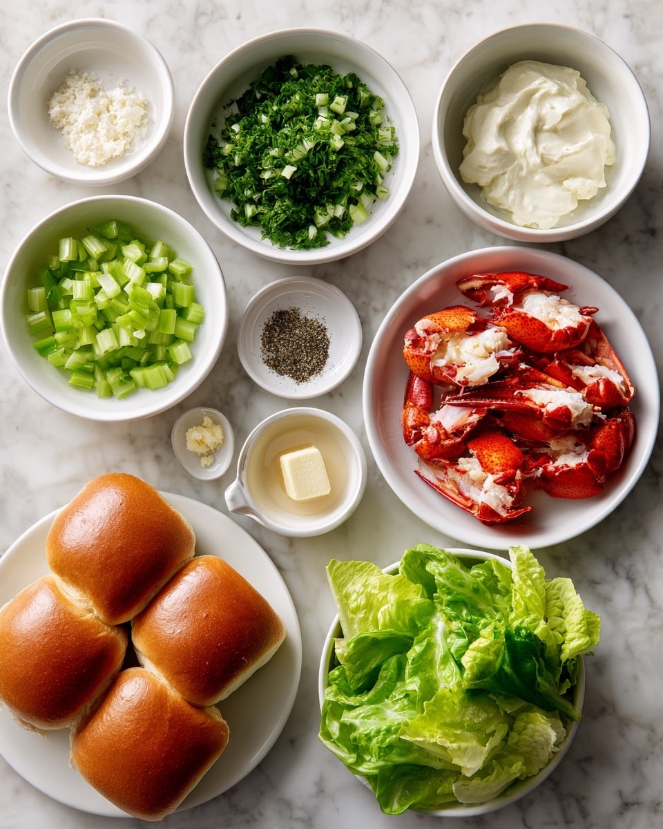 The image shows nine small white bowls and plates arranged neatly on a white marbled surface. The first bowl contains chopped green celery, the second has finely chopped green herbs, and the third holds bright red cooked lobster claws and meat with a shiny, soft texture. One plate includes four golden brown sandwich rolls with a soft and slightly shiny crust on a white plate. There is a bowl with fresh green romaine lettuce leaves that are crisp and bright. Other bowls contain creamy white sauces with smooth textures, small salted butter pieces, ground black pepper, and a touch of white salt. The layout is tidy and colorful with reds, greens, whites, and golden browns. photo taken with an iphone --ar 4:5 --v 7