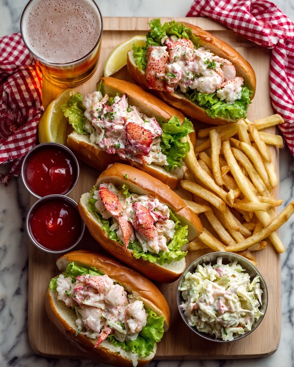 The image shows four lobster rolls arranged in a line on a light wooden board. Each lobster roll has a soft, light brown bun sliced open with bright green lettuce and chunky pieces of pink and white lobster meat inside. Around the lobster rolls are golden French fries scattered on the board. Two small round white containers hold creamy coleslaw with visible cabbage pieces, positioned near the ends of the board. Two small round metal cups filled with red ketchup are placed on the board next to the fries. In the top left corner, there is a glass of amber beer with white foam on top, and a red and white checkered cloth is draped next to the glass. The background surface is a white marbled texture. photo taken with an iphone --ar 4:5 --v 7