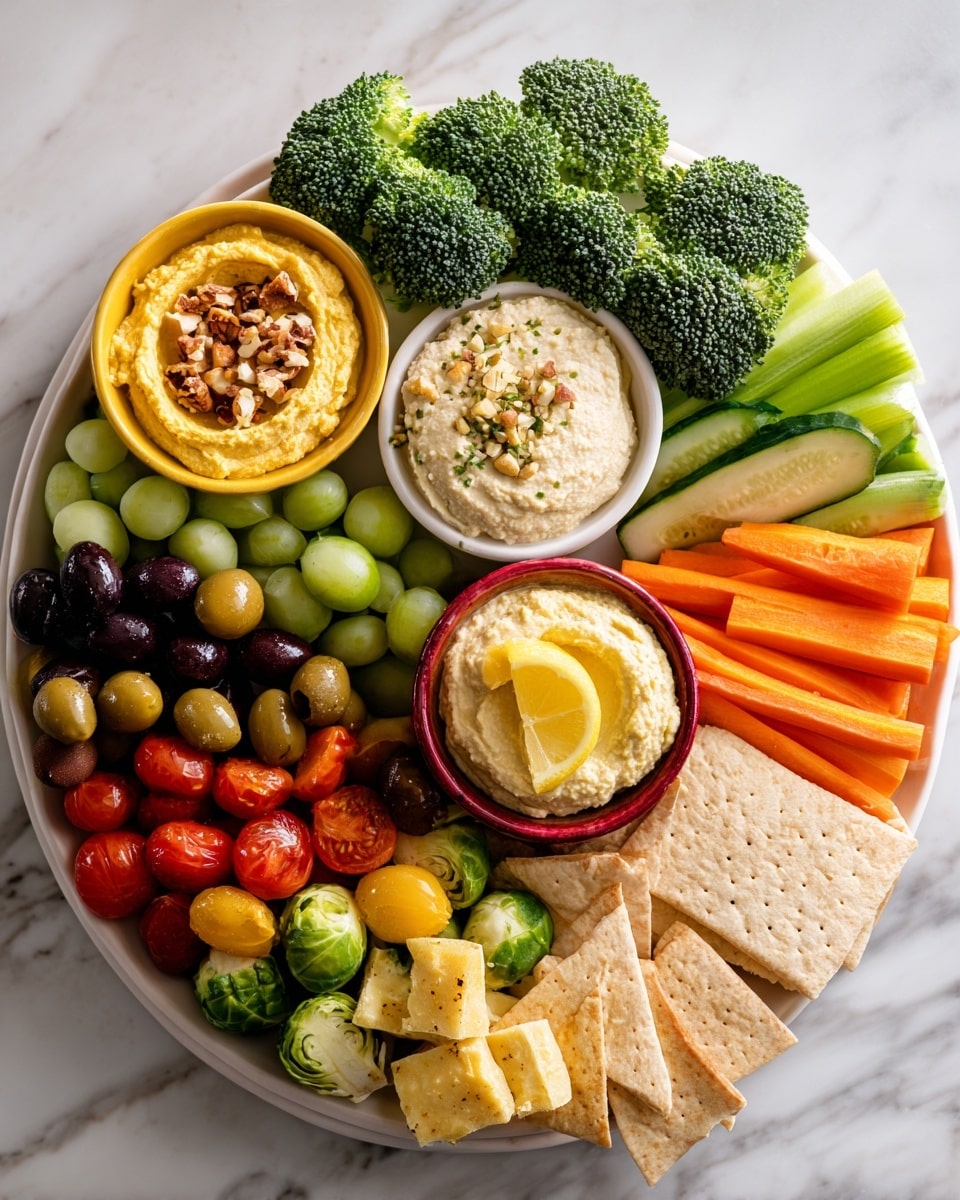 A large white plate with a detailed arrangement of food on a white marbled surface. At the center, there are three bowls of dip: a yellow bowl with a creamy hummus topped with nuts, a white bowl with a light greenish dip, and a red bowl with yellow hummus topped with a lemon wedge. Around the bowls, there are fresh green broccoli florets, bright orange carrot sticks, green celery sticks, and sliced cucumber circles. There are mixed black and green olives, brussels sprouts, yellow and red cherry tomatoes, small cubes of yellow cheese, and beige pita chips. At the bottom right, there are thin rectangular crackers and orange carrot sticks. The overall presentation is colorful and fresh, with vegetables and snacks arranged in layers around the dips. Photo taken with an iphone --ar 4:5 --v 7