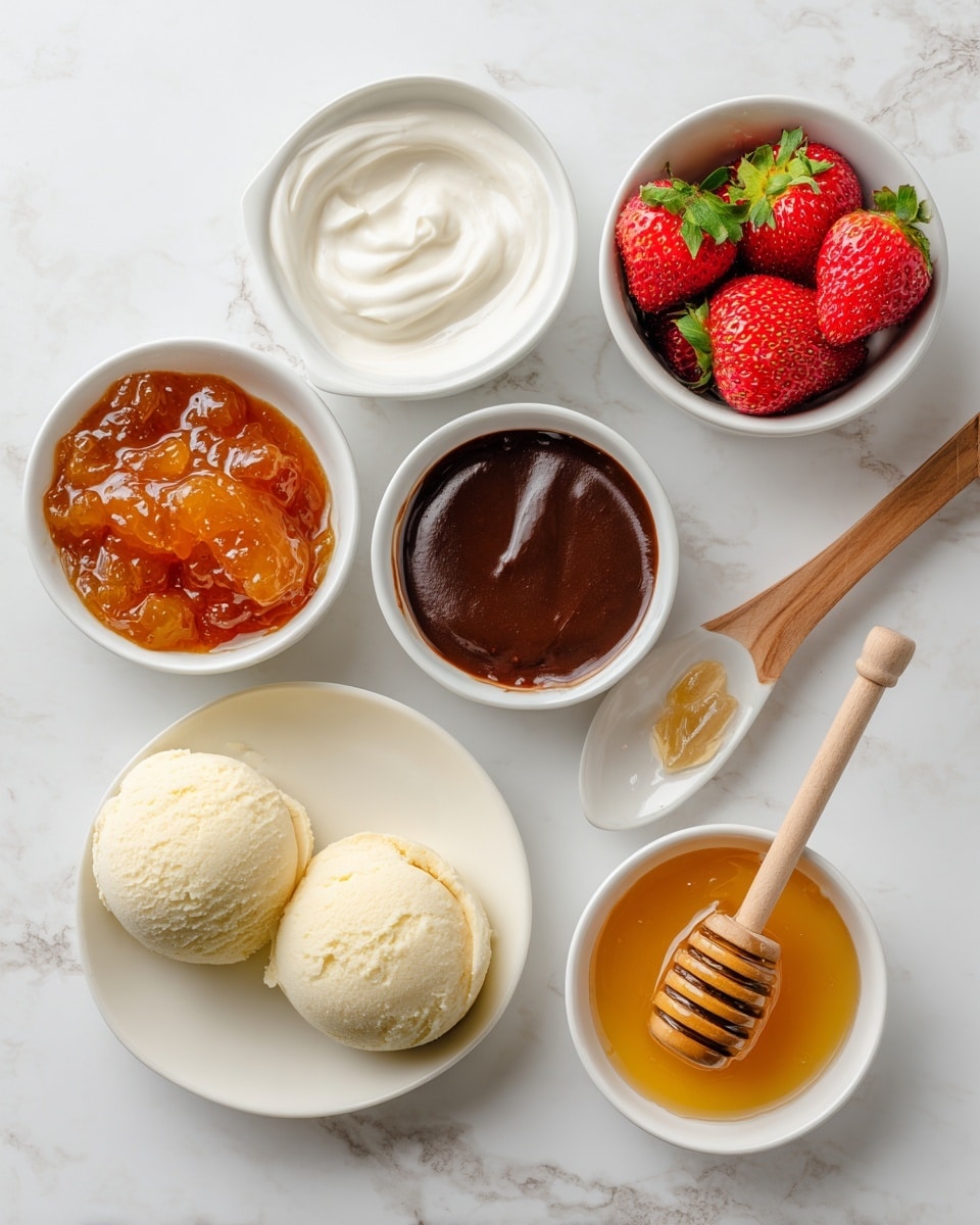 The image shows six small white bowls and plates with different food items arranged on a white marbled surface. Starting from the top left, there is a bowl filled with chunky orange jam, next to it is a bowl of smooth white cream. Moving right, there is a bowl full of fresh red strawberries with green leafy tops. Below the jam, there is a white plate holding two round scoops of light yellow ice cream. Next to the ice cream, there is a small white bowl with a thick dark brown syrup inside. Finally, on the bottom right, there is a small white bowl filled with golden honey, and a wooden honey dipper resting on the side. Photo taken with an iphone --ar 4:5 --v 7