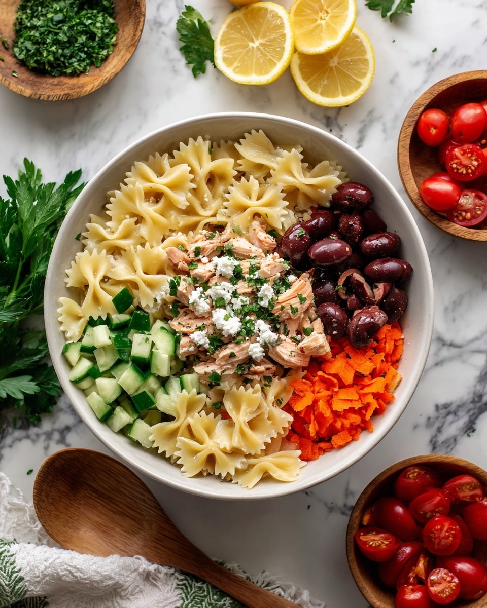 A white bowl filled with three layers of food: the base layer is light beige bowtie pasta scattered evenly, the middle layer has chopped green cucumber pieces and small shredded orange carrot bits, and the top layer shows halved bright red cherry tomatoes, black olives, small pieces of cooked light brown chicken, and sprinkled white crumbled cheese. All the ingredients are mixed together with some chopped fresh green herbs on top. The bowl is placed on a white marbled surface with halved lemons, a wooden spoon, a bunch of fresh green parsley, and small wooden bowls with red cherry tomatoes and a white cloth nearby. Photo taken with an iphone --ar 4:5 --v 7
