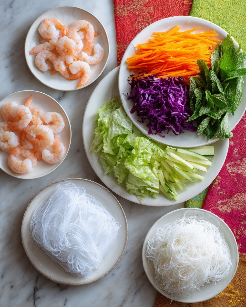 The image shows five white plates on a white marbled surface. The largest plate holds six sections of fresh vegetables: bright orange carrot sticks at the top right, dark green lettuce leaves on the far right, thin purple cabbage strips at the bottom right, light green cucumber sticks in the middle bottom, and dark green mint leaves on the top left. Another small white plate at the top left contains peeled pink shrimp arranged in a circle. A white plate at the bottom right holds a pile of thin white rice noodles. Near the center bottom left is a large white rice paper sheet. The background includes two bright cloths, one green on the left and one red on the right. Photo taken with an iphone --ar 4:5 --v 7