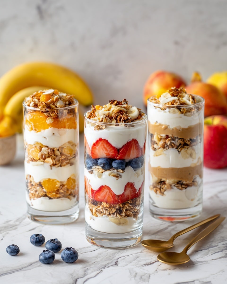 The image shows three clear glass cups filled with layered yogurt parfaits, placed on a white marbled surface. Each cup has multiple layers starting with granola at the bottom, followed by white creamy yogurt, then fruit or nut layers, and more yogurt on top. The cup on the left has visible granola and orange fruit pieces with a yogurt layer, the middle cup has fresh sliced strawberries and blueberries layered between yogurt and granola, and the right cup combines granola with light brown nut butter or fruit spread layers. Around the cups are a few loose blueberries, two gold spoons on the right, and a bunch of bananas and apples in the background. The overall scene is bright and fresh with a clean white marbled textured background and surface. Photo taken with an iphone --ar 4:5 --v 7