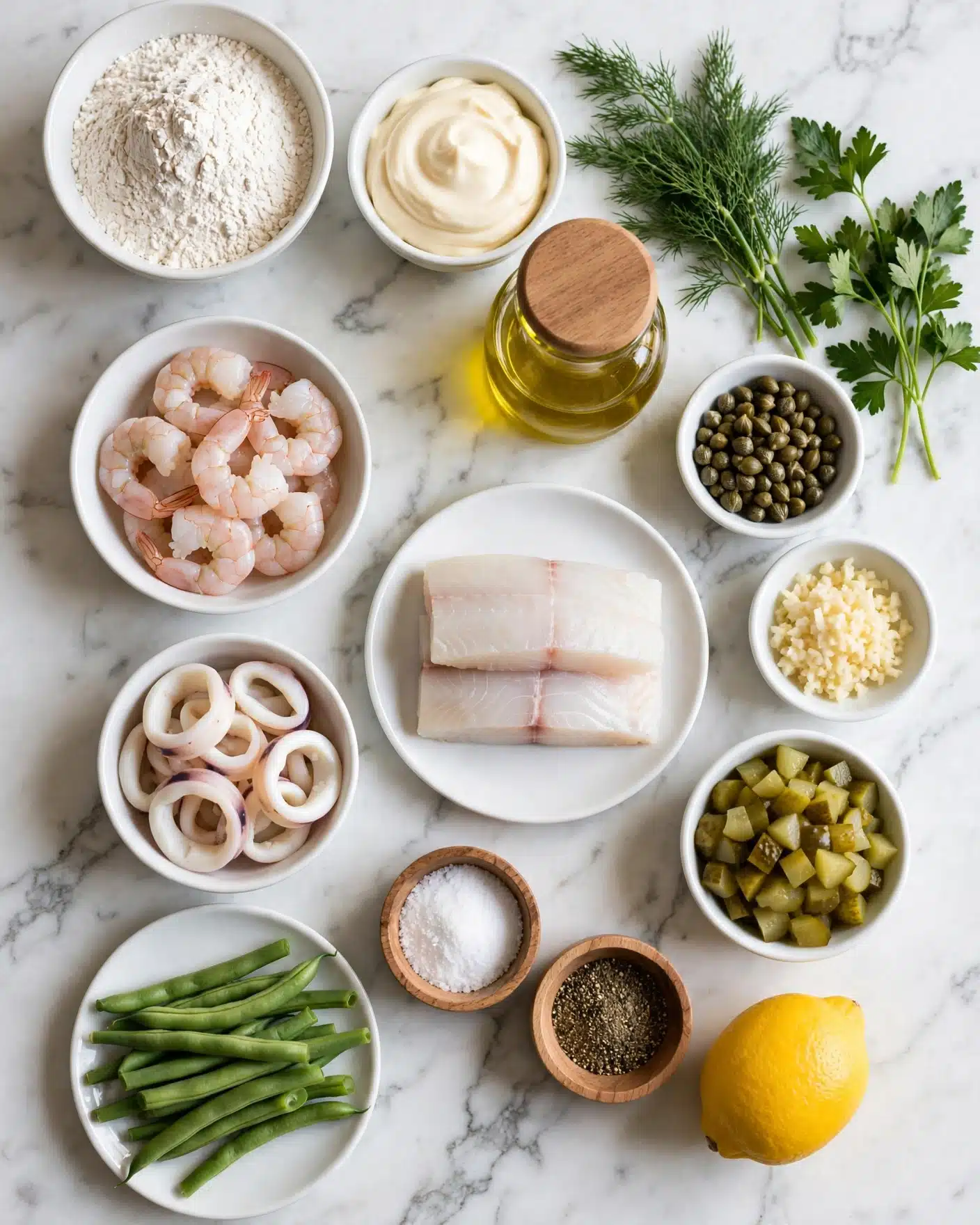 The image shows multiple ingredients carefully arranged on a white marbled surface. There are two pieces of white fish fillets stacked on a white plate to the right, next to a white bowl of peeled shrimp. Below, a white bowl contains light-colored squid rings. Fresh green beans lie on a white plate on the bottom left. Small white bowls and wooden containers hold various seasonings and liquids including olive oil, capers, minced garlic, chopped pickles, salt, ground pepper, and a yellow lemon. Flour and mayonnaise sit in white bowls at the top. Fresh green herbs like parsley and dill rest on the right side. The overall layout is neat with clear visibility of each ingredient in separate bowls and plates, lit with bright and natural light. Photo taken with an iphone --ar 4:5 --v 7
