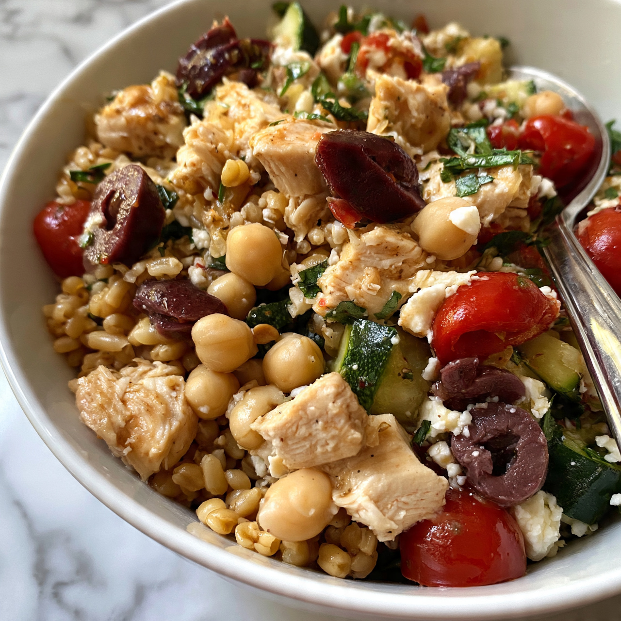 square image This close-up image shows a colorful mixed dish in a white bowl on a white marbled surface. The dish has multiple layers including light brown cooked grains or small pasta at the base, topped with light beige chunks of cooked chicken and light beige round chickpeas. Scattered through the layers are dark purple sliced olives and bright red cherry tomatoes. Green zucchini pieces and fresh green herbs are mixed throughout, along with small white crumbles of cheese. A silver spoon is partially visible, resting inside the bowl. photo taken with an iphone --ar 4:5 --v 7