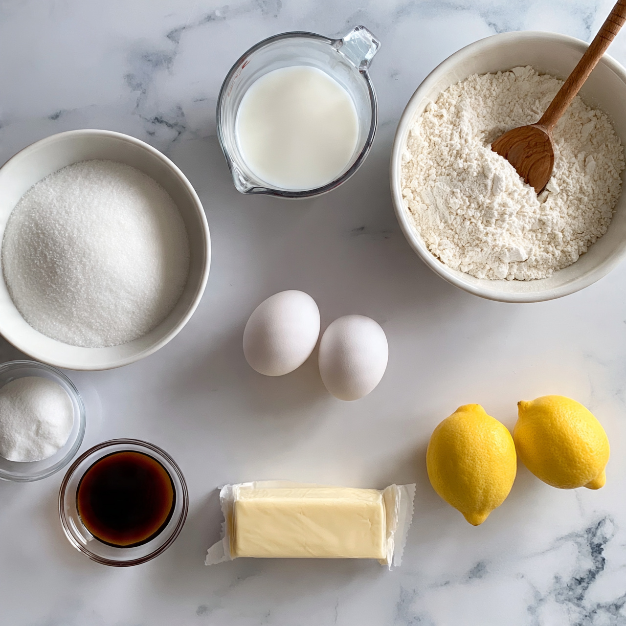 square image The image shows ingredients neatly arranged on a white marbled surface. There are two white eggs positioned close together near the center. To the left, a white bowl filled with white granulated sugar sits next to a small clear glass bowl with a white powder. Above the eggs, a clear glass measuring cup filled with milk is placed. To the right, a white bowl contains white flour with a wooden spoon resting on top. Below the eggs, a stick of wrapped butter is laid horizontally. Two bright yellow lemons sit side by side to the right of the butter. A small clear bowl with a dark brown liquid, likely vanilla, is positioned near the white powder. The whole setup looks clean and ready for baking, photo taken with an iphone --ar 4:5 --v 7