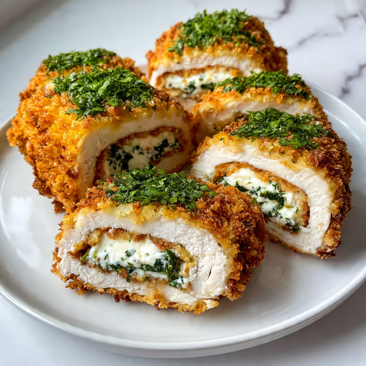 square image A white plate holds six thick slices of crispy fried chicken, each slice showing three layers: a crunchy, golden-brown breaded outer layer; a white, tender inner layer of chicken; and a creamy white cheese layer in the center with green herbs mixed inside. The top of the chicken is sprinkled with fresh green herbs, making it look fresh and colorful. The plate sits on a white marbled surface. photo taken with an iphone --ar 4:5 --v 7