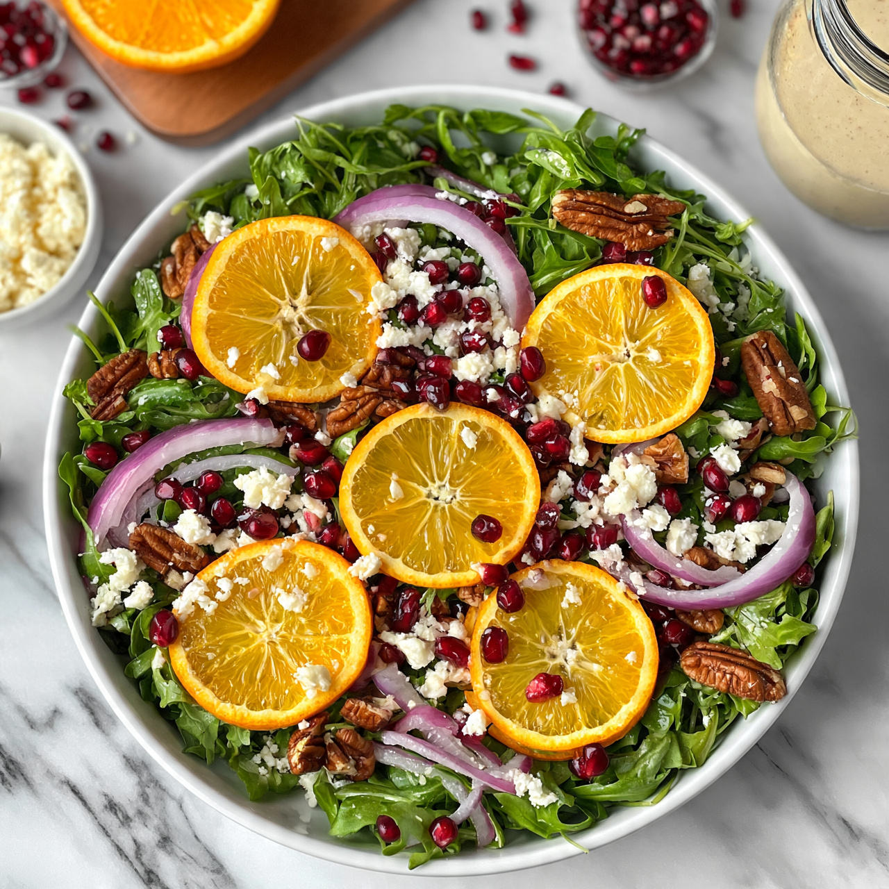 square image A white bowl filled with a fresh salad sits on a white marbled surface. The salad has several layers starting with a base of green leafy arugula. On top, there are bright orange slices and small, deep red pomegranate seeds scattered around. Thin slices of purple onion add a soft texture, while small white cheese crumbles are spread evenly. There are also some pecans placed throughout the salad, adding a brown, crunchy layer. Nearby, a small white bowl with cheese crumbles, a wooden board with half an orange and a small container of pomegranate seeds, and a glass jar with creamy dressing complete the setting. Photo taken with an iphone --ar 4:5 --v 7