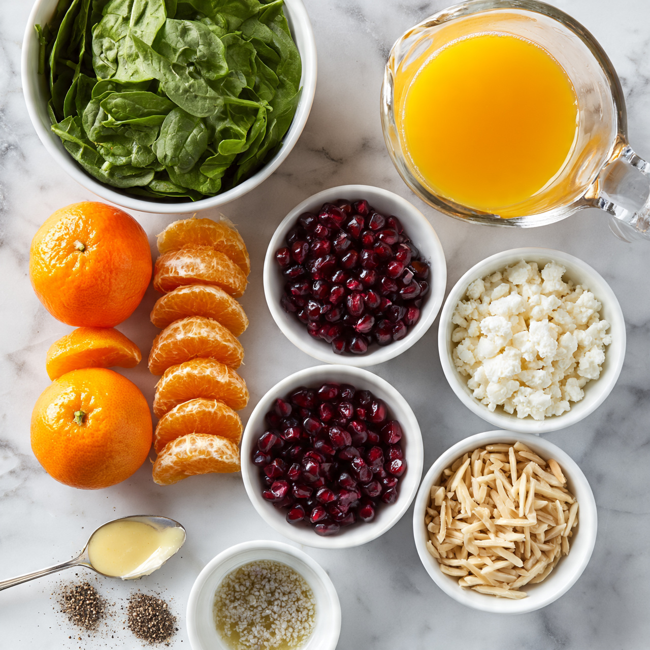 square image The image shows various fresh ingredients neatly arranged on a white marbled surface. At the top left, there is a white bowl filled with green spinach leaves. Beside it to the right, there is a clear glass measuring cup filled with bright orange juice. Below the spinach bowl, there are three whole, bright orange tangerines placed in a vertical line, and next to them on the left side, peeled tangerine segments are laid out closely. In the center, there is a white bowl filled with dark red pomegranate seeds. To the right of this bowl, there is a white bowl with small white crumbles, resembling cheese. Below the pomegranate seeds, another white bowl holds thin slivered almonds. At the bottom left, there is a spoon with a light yellow dressing. Below this spoon, there are two small piles—one with ground black pepper and one with a grainy liquid dressing in a small white bowl. The overall layout is clean and bright, with each ingredient clearly visible. Photo taken with an iphone --ar 4:5 --v 7