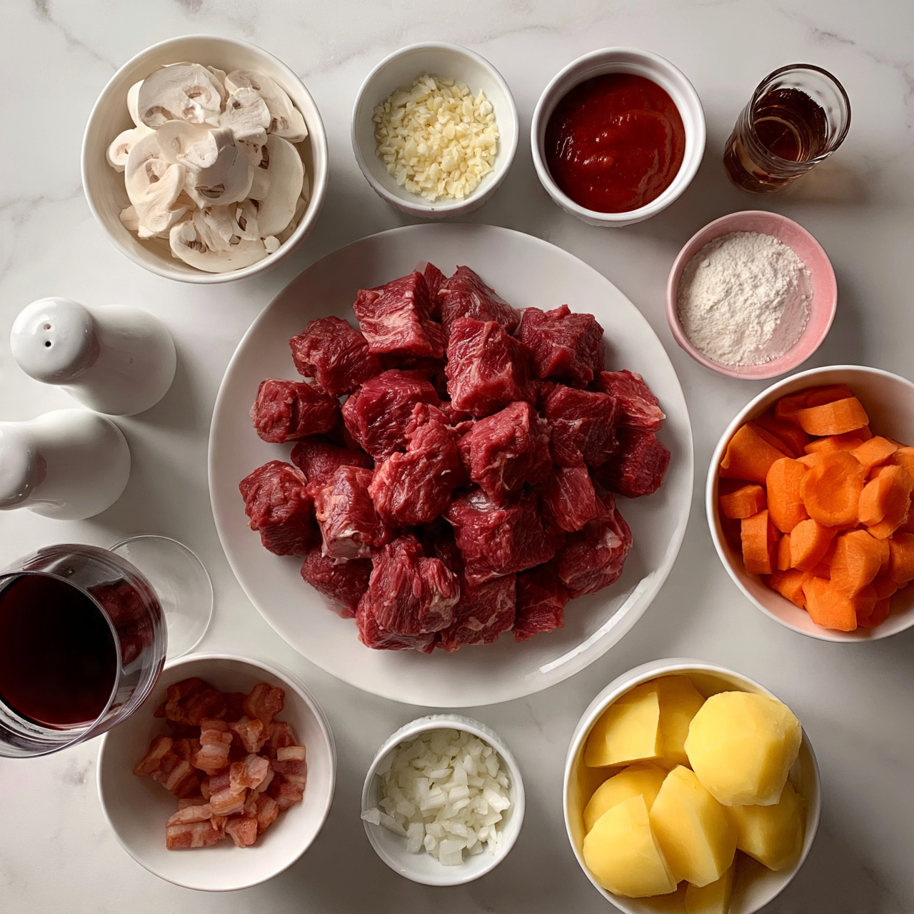 square image A white round plate filled with many pieces of raw red meat sits in the center, surrounded by bowls holding various ingredients: top left shows white sliced mushrooms in a white bowl, to the right of it is a small white bowl with finely chopped white garlic, followed by a small white bowl with red sauce, and a small clear glass with dark brown liquid. Below these, there is a small pink bowl with white flour on the right, and a white bowl filled with sliced orange carrots. Bottom right is a white bowl with yellow potato halves, and bottom left has a white bowl with small strained bacon pieces. Near the bottom center, there is a small white bowl with chopped white onions. To the left, a pair of white salt and pepper shakers sit next to a glass with dark red wine. All the bowls and plate are arranged on a white marbled surface. photo taken with an iphone --ar 4:5 --v 7