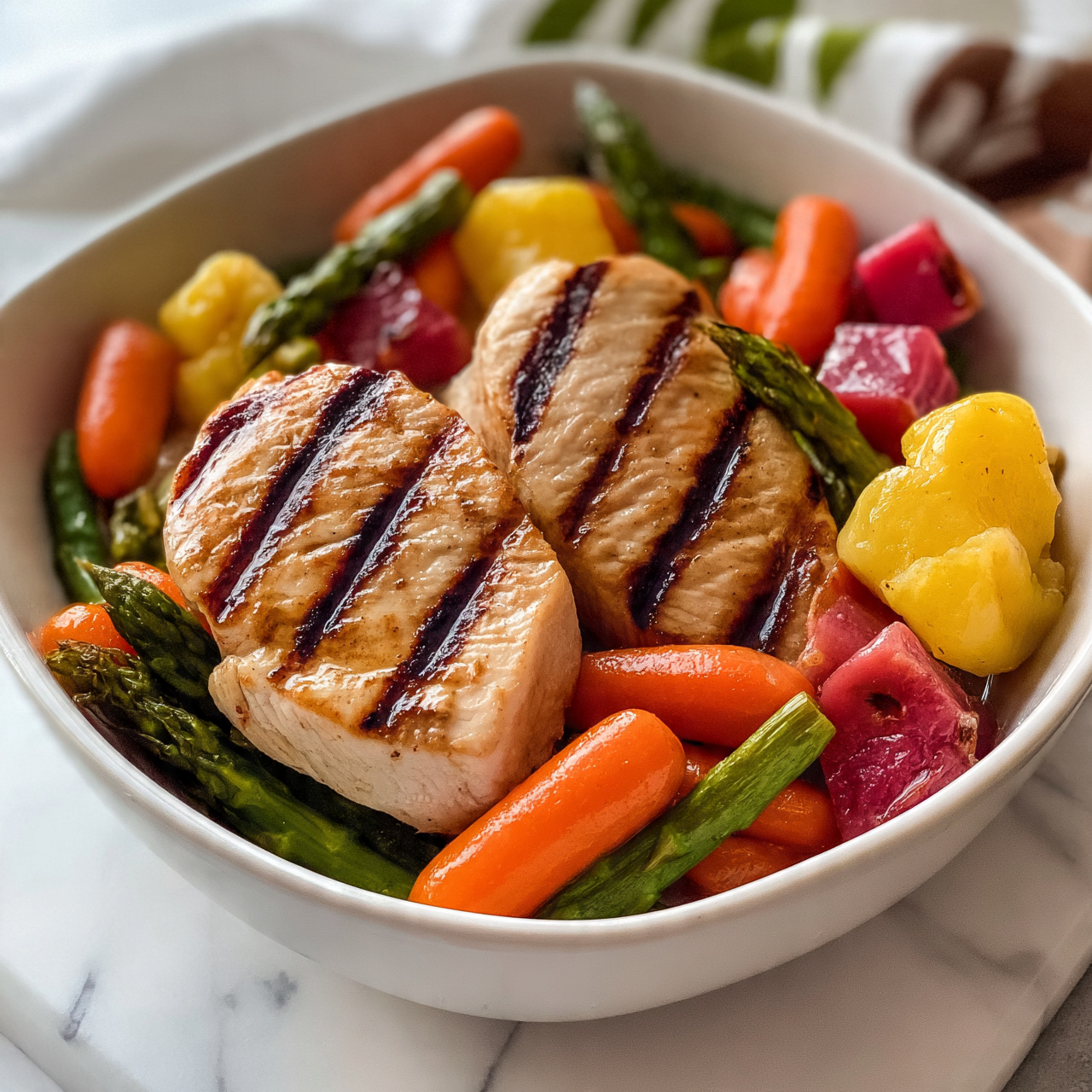 square image A white bowl filled with two grilled chicken pieces placed in the center, each with visible dark grill lines forming stripes on their light brown surface. Surrounding the chicken are four types of roasted vegetables arranged in a natural, scattered way: bright orange baby carrots, green asparagus spears, yellow potato chunks with a soft texture, and reddish-pink cubes that appear slightly grilled. All ingredients have a subtle shine suggesting they are lightly coated with oil or glaze. The bowl rests on a white marbled surface with a blurred background showing a hint of fabric with white, green, and brown patterns. Photo taken with an iphone --ar 4:5 --v 7