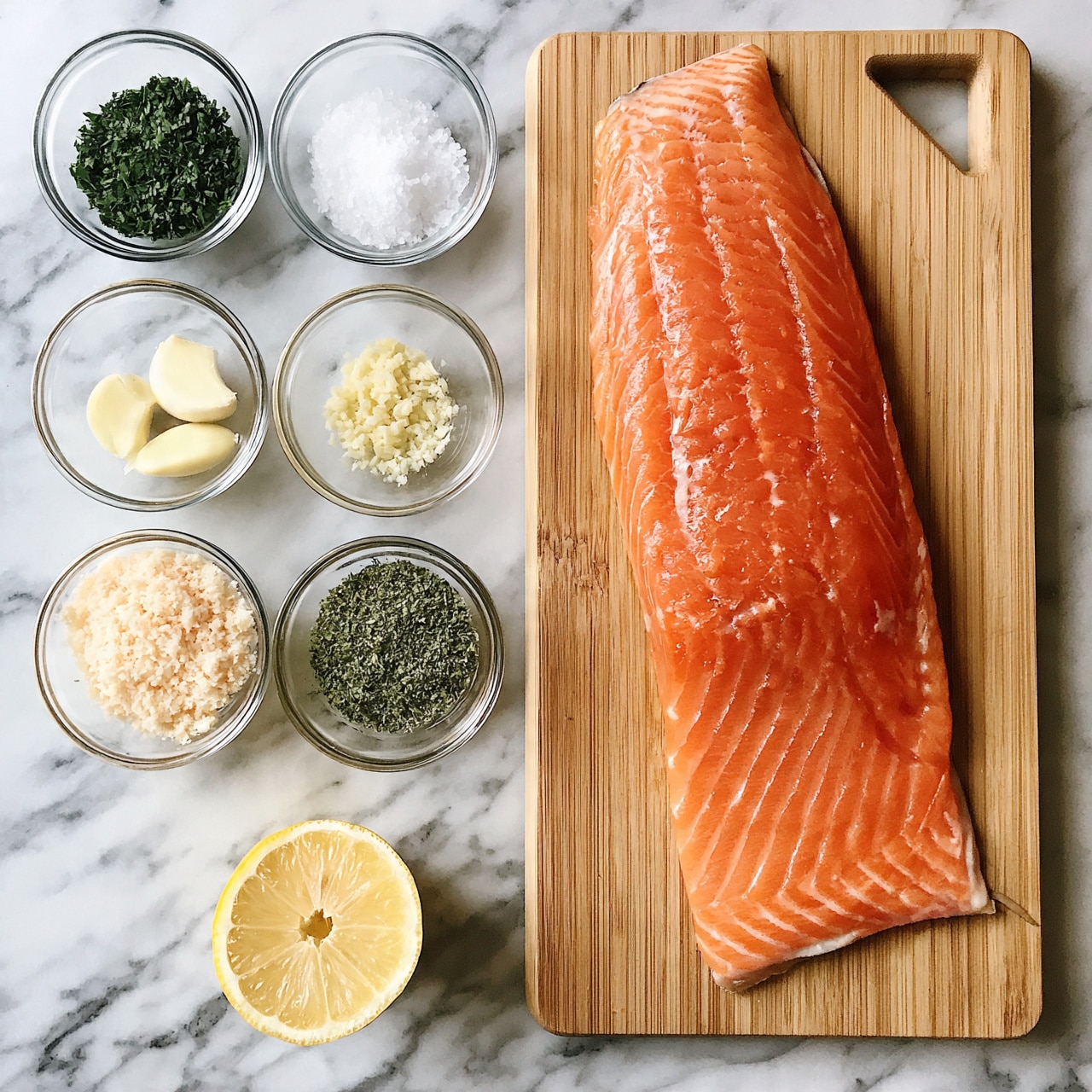 square image A long, bright orange salmon fillet lies flat on a light wooden cutting board with a handle, positioned on the right side of the image. To the left of the cutting board are six clear glass bowls arranged in two columns on a white marbled surface. From top to bottom, the bowls contain finely chopped green herbs, white coarse salt, two peeled cloves of garlic, finely minced garlic, grated pale cheese, and a green dried herb mix. Below the bowls is a half lemon, cut to show its bright yellow interior. The photo was taken with an iphone --ar 4:5 --v 7