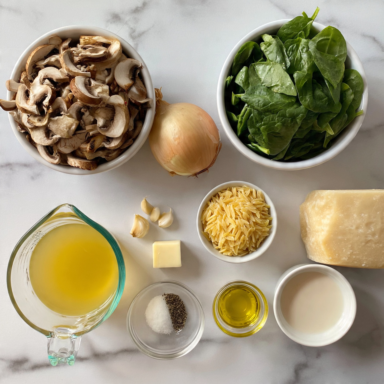 square image The image shows an arrangement of cooking ingredients on a white marbled surface. In the top row, there is a white bowl filled with fresh green spinach leaves on the right and another white bowl filled with sliced brown mushrooms on the left. Next to them is a whole light brown onion. Below these bowls, from left to right, there's a clear measuring cup with yellow vegetable broth, two peeled garlic cloves, a small square piece of butter, and a clear small bowl with white salt and black pepper. To the right of these, there is a small white bowl with light golden uncooked orzo pasta, a small glass cup with yellow olive oil, a small white bowl filled with light cream, and a large wedge of pale yellow Parmesan cheese. Photo taken with an iphone --ar 4:5 --v 7