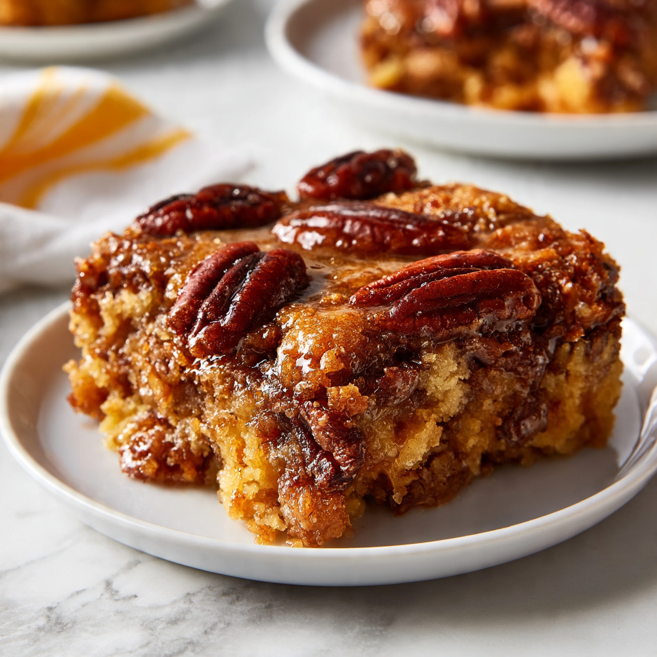 square image A serving of pecan dessert is shown on a small white plate on a white marbled surface. The dessert has a rough, crumbly texture with visible clumps of golden brown batter mixed with whole toasted pecans. The pecans are dark brown and glossy, spaced evenly throughout the dessert. The top layer shows a shiny, sticky glaze that covers the pecans and batter, giving a rich look. In the background, there is a second white plate with more of the dessert, slightly out of focus. Nearby, a white and yellow striped cloth lays on the surface. Photo taken with an iphone --ar 4:5 --v 7square image