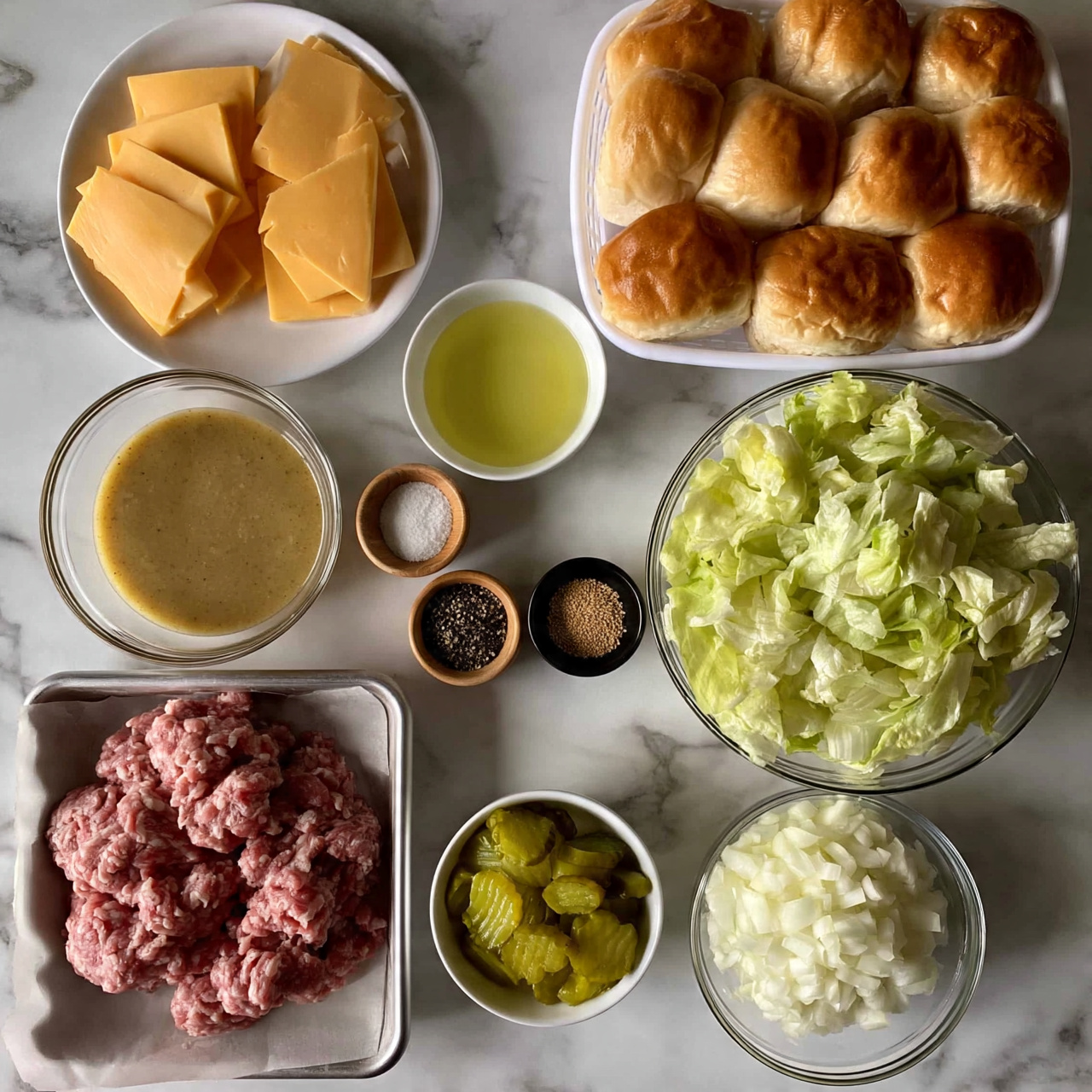 square image The image shows different food ingredients arranged neatly on a white marbled surface. There are nine parts: a white plate holding several slices of orange cheese on the top left; a white basket with nine soft, golden brown dinner rolls on the top right; a glass bowl filled with light brown sauce in the middle left; a small white bowl with clear yellow oil above the center; three small wooden and black bowls with white salt, black pepper, and tan sesame seeds in the middle center; a large glass bowl filled with chopped light green lettuce on the middle right; a metal tray with raw pink ground meat on parchment paper on the bottom left; a small white bowl with green pickle slices near the bottom center; and a glass bowl with finely chopped white onions on the bottom right. Photo taken with an iphone --ar 4:5 --v 7