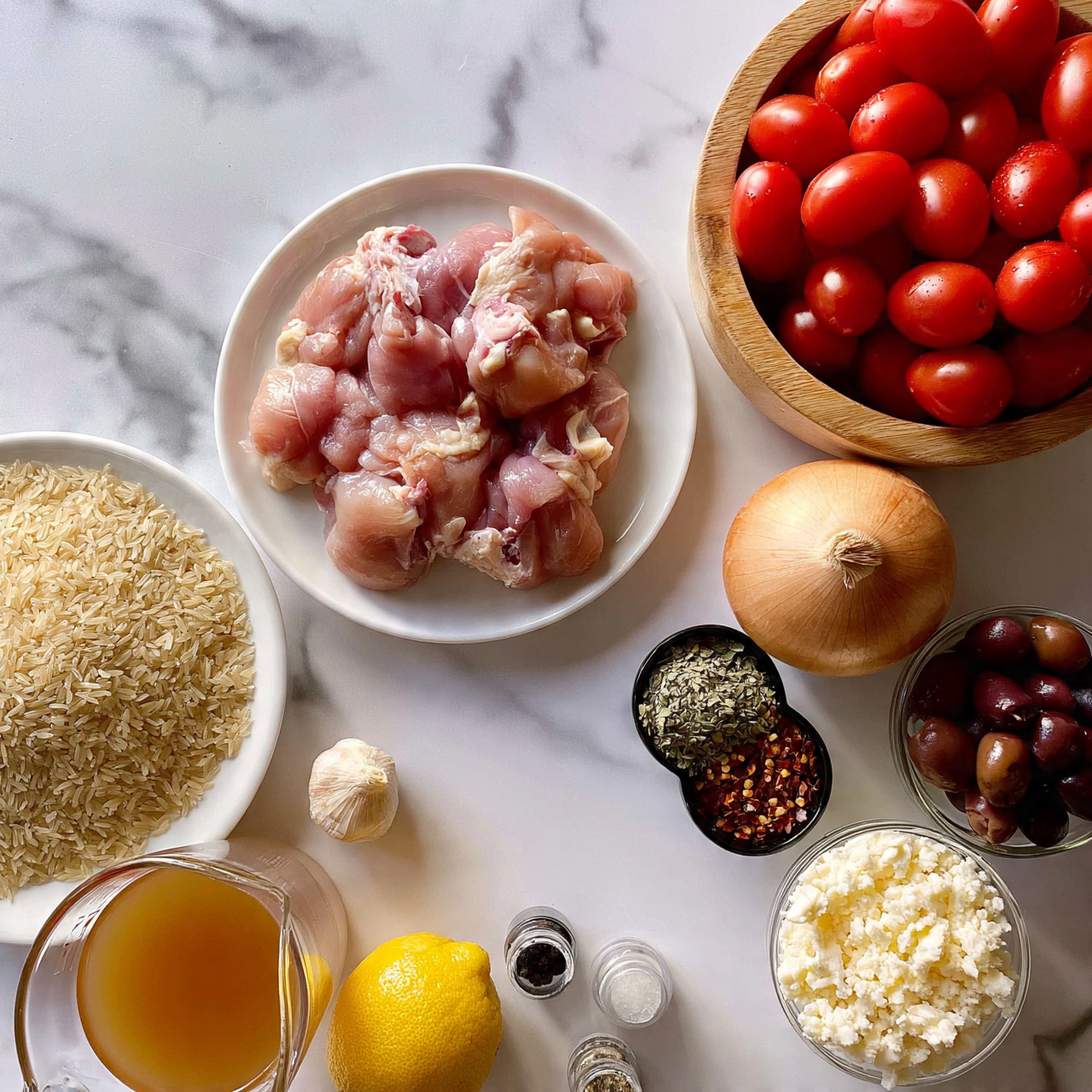 square image The image shows raw chicken pieces placed in the center of a white plate, arranged neatly. To the right, there is a round wooden bowl full of bright red grape tomatoes with smooth skins. Below the tomatoes is a whole round onion with light brown skin, next to a small glass bowl filled with mixed dark olives. Near the onion and olives are two small black bowls, one filled with dried oregano leaves and the other with red chili flakes. At the bottom right, there is a small glass bowl of crumbled white cheese. At the bottom left, a white plate holds uncooked long-grain rice, and next to it, a clear glass measuring cup filled with light brown broth. Nearby, a whole lemon and a small head of garlic sit on the white marbled surface. Two small containers of black and white pepper are also present in the lower center of the image. Photo taken with an iphone --ar 4:5 --v 7