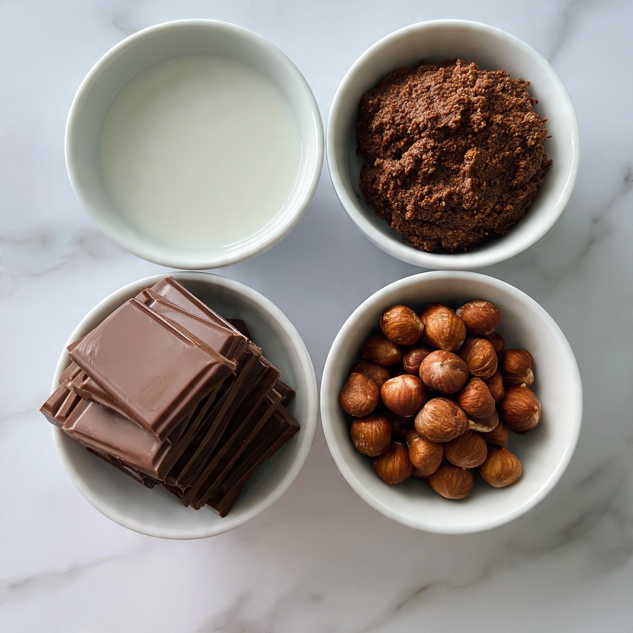 square image The image shows four white bowls placed on a white marbled surface. The bottom left bowl is filled with dark brown chocolate bars stacked in layers, showing smooth and slightly shiny textures. The bottom right bowl contains whole hazelnuts with brown shells and a rough texture. The top right bowl holds a brown thick paste with a grainy texture. The top middle bowl contains a white liquid with a smooth surface. All bowls are round and clean, evenly spaced in a roughly square formation. Photo taken with an iphone --ar 4:5 --v 7