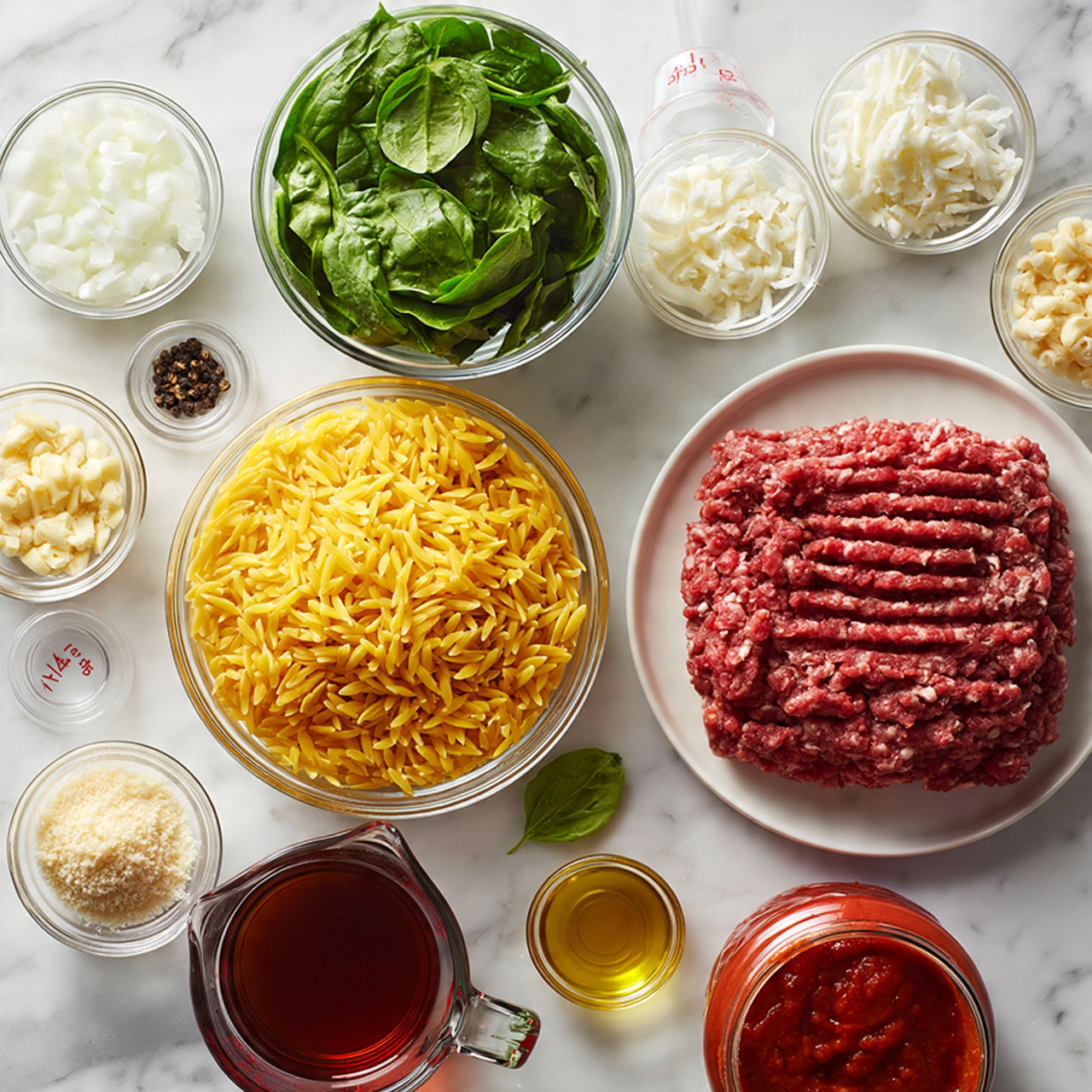 square image The image shows a top view of various cooking ingredients neatly arranged on a white marbled surface. In the center right, there is a white plate holding a layer of red ground meat with a slight texture showing distinct lines from the packing process. To its left, a large clear glass bowl is filled with yellow, uncooked orzo pasta, showing each small grain clearly. Above the pasta sits a clear bowl filled with bright green spinach leaves that look fresh and crisp. Surrounding these main items are several smaller clear bowls containing chopped white onions, minced garlic, shredded white mozzarella cheese with a small measuring cup marked 1 cup on top, a small transparent dish of black pepper seeds, and a small bowl of light-colored grated cheese labeled 1/4 cup. Near the bottom left is a transparent measuring cup filled with dark reddish-brown broth, next to a tiny clear bowl of golden olive oil. There is also a partially opened jar of red pasta sauce at the bottom right. A single green basil leaf is placed near the center of the ingredients. All items stand out clearly on the white marbled background. Photo taken with an iphone --ar 4:5 --v 7