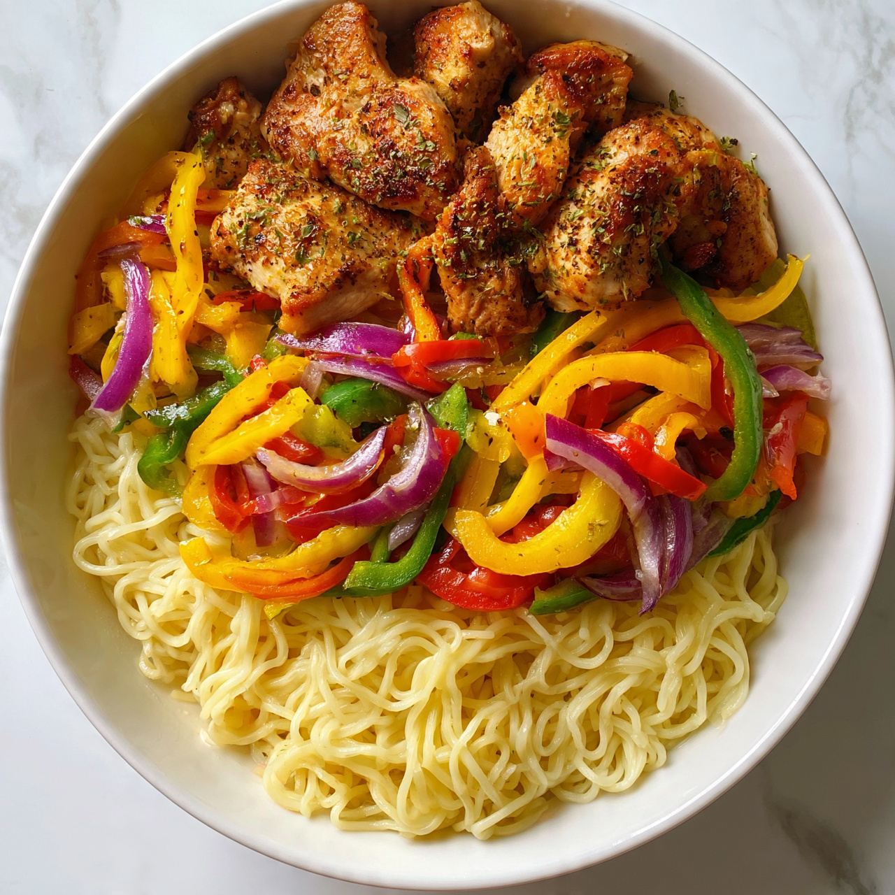 square image A white bowl filled with three main layers: the bottom layer is light yellow cooked thin noodles with a soft texture, spread evenly across the bowl; the middle layer consists of colorful bell pepper strips in yellow, red, and green mixed with slices of purple onion, scattered over the noodles; the top layer shows golden brown cooked chicken pieces with herbs sprinkled lightly over them, sitting above the vegetables and noodles. The colors are bright and fresh, and the textures look soft and tender, all set against a white marbled surface. photo taken with an iphone --ar 4:5 --v 7