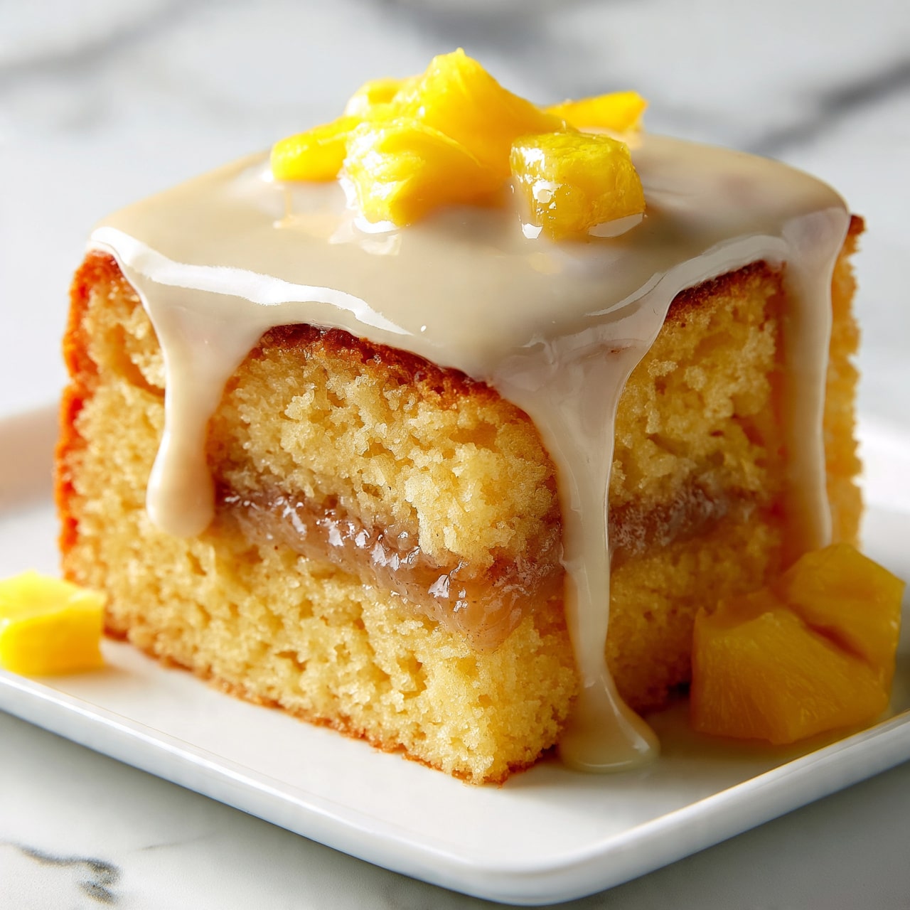 square image The image shows a close-up of a single square slice of yellow cake with a moist texture and a layer of caramel or syrup soaked inside the middle. The cake is topped with a creamy, light caramel-colored sauce that drips down the sides, giving it a shiny look. On top of the sauce, there are small pieces of bright yellow pineapple, along with a couple more pineapple pieces placed on the white plate next to the cake slice. The background surface is white with a marble texture. Photo taken with an iphone --ar 4:5 --v 7