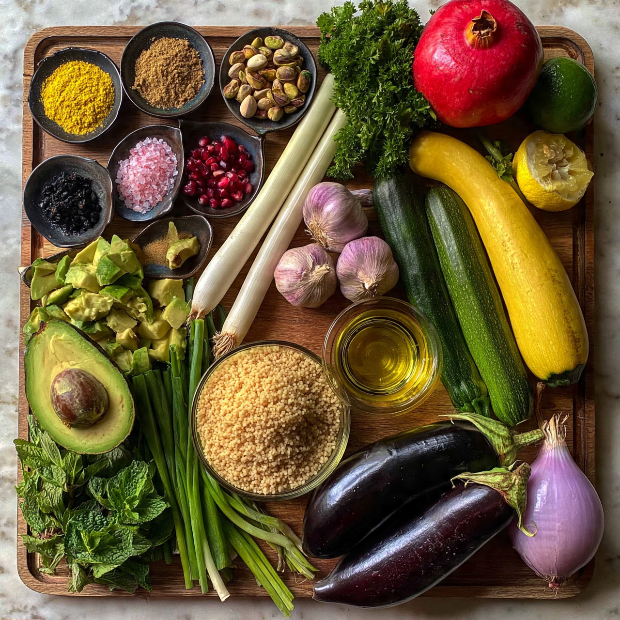 square image A wooden cutting board filled with many fresh ingredients arranged neatly: at the top right, a bright red pomegranate and green parsley bunch, nearby a small green lemon and a cut lemon showing its yellow inside. Below them, two green zucchinis and one yellow squash lie side by side. At the bottom right, two dark purple eggplants rest together next to a light purple shallot. Close to the center, a small glass bowl filled with light tan couscous and a clear bowl of golden olive oil sit. To the left, a chopped avocado with its seed visible and fresh sprigs of green mint and green onions lay scattered. Several small dark plates contain various spices and ingredients: one with yellow powder, another with brown powder, one with whole pistachios, one with pink coarse salt, one with black dried ingredients, and one with red pomegranate seeds. Three whole garlic bulbs and two long white scallions add balance near the center. The board rests on a white marbled surface. Photo taken with an iphone --ar 4:5 --v 7